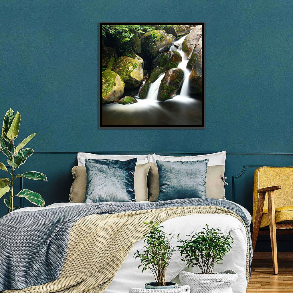 Rainforest Waterfall with Moss Covered Boulders Wall Art