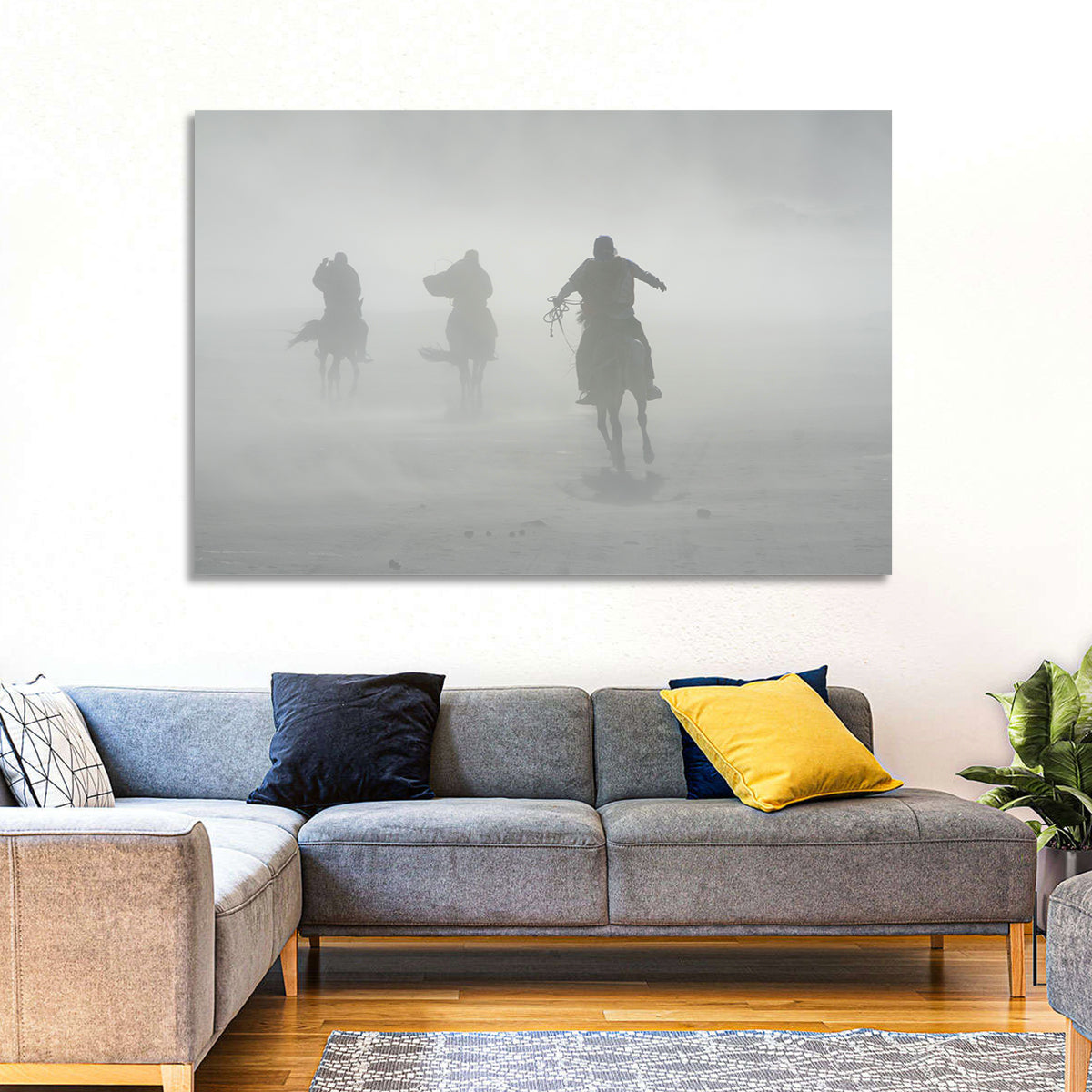 Silhouetted Horse Riders in Mist Wall Art in a room, landscape
