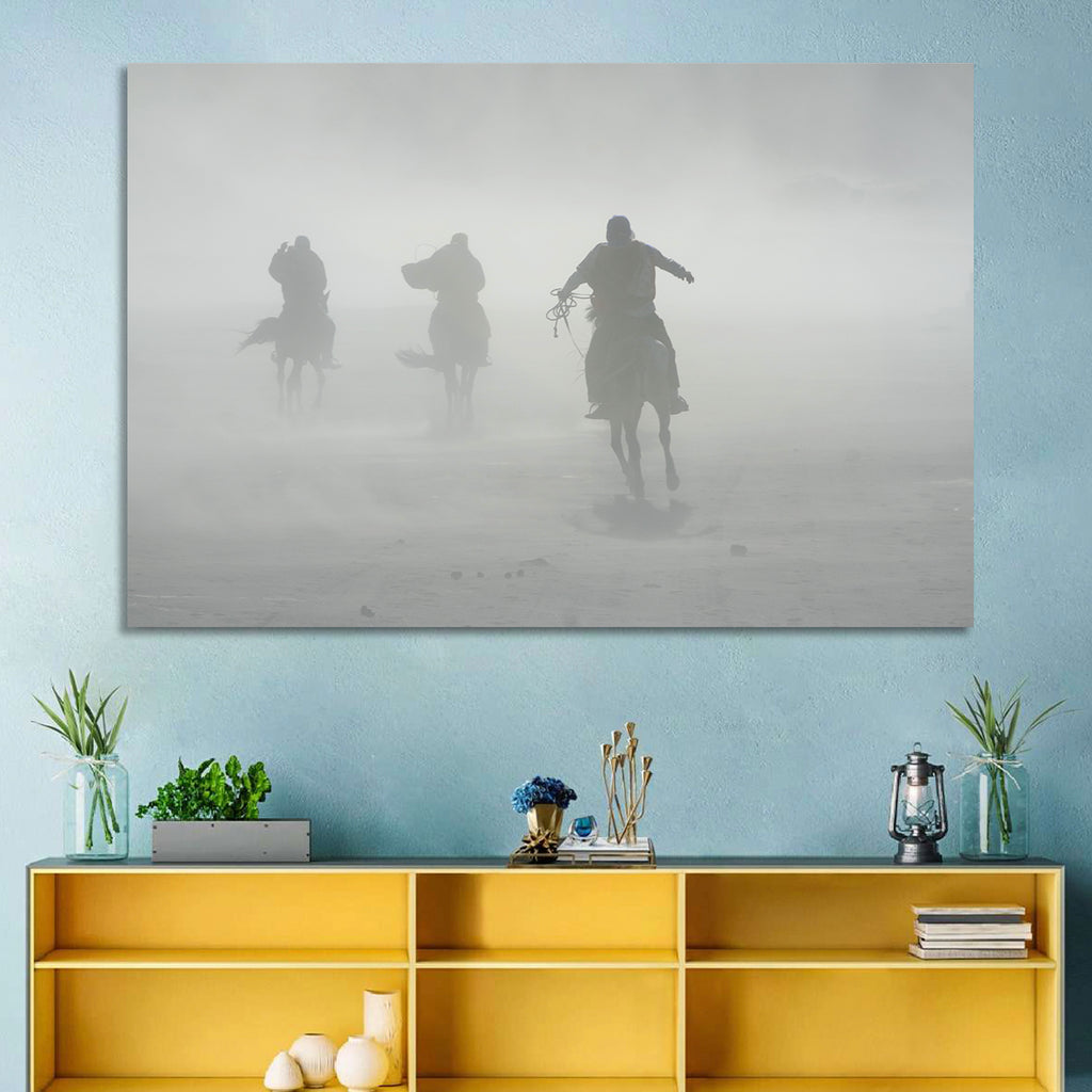 Silhouetted Horse Riders in Mist Wall Art