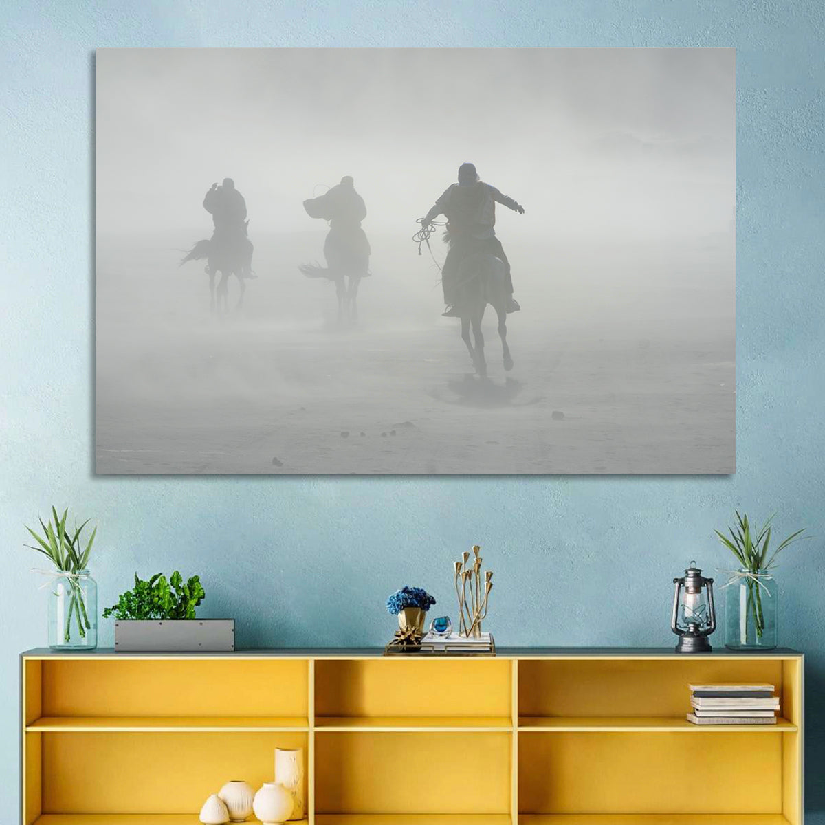 Silhouetted Horse Riders in Mist Wall Art in a room, landscape