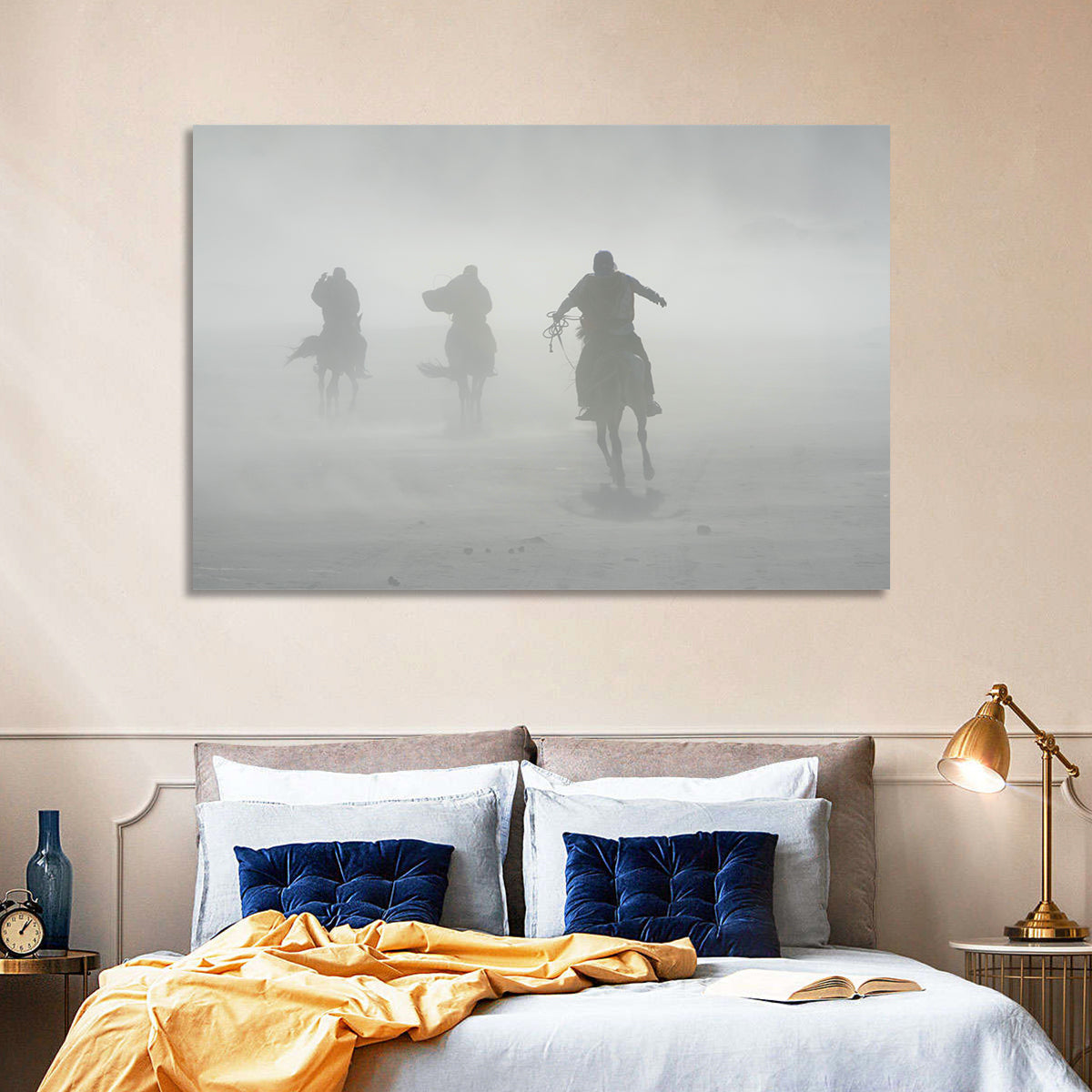 Silhouetted Horse Riders in Mist Wall Art in a room, landscape
