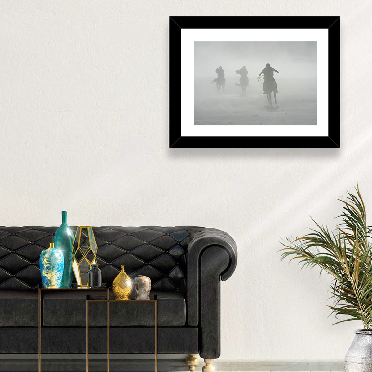 Silhouetted Horse Riders in Mist Wall Art in a room, landscape