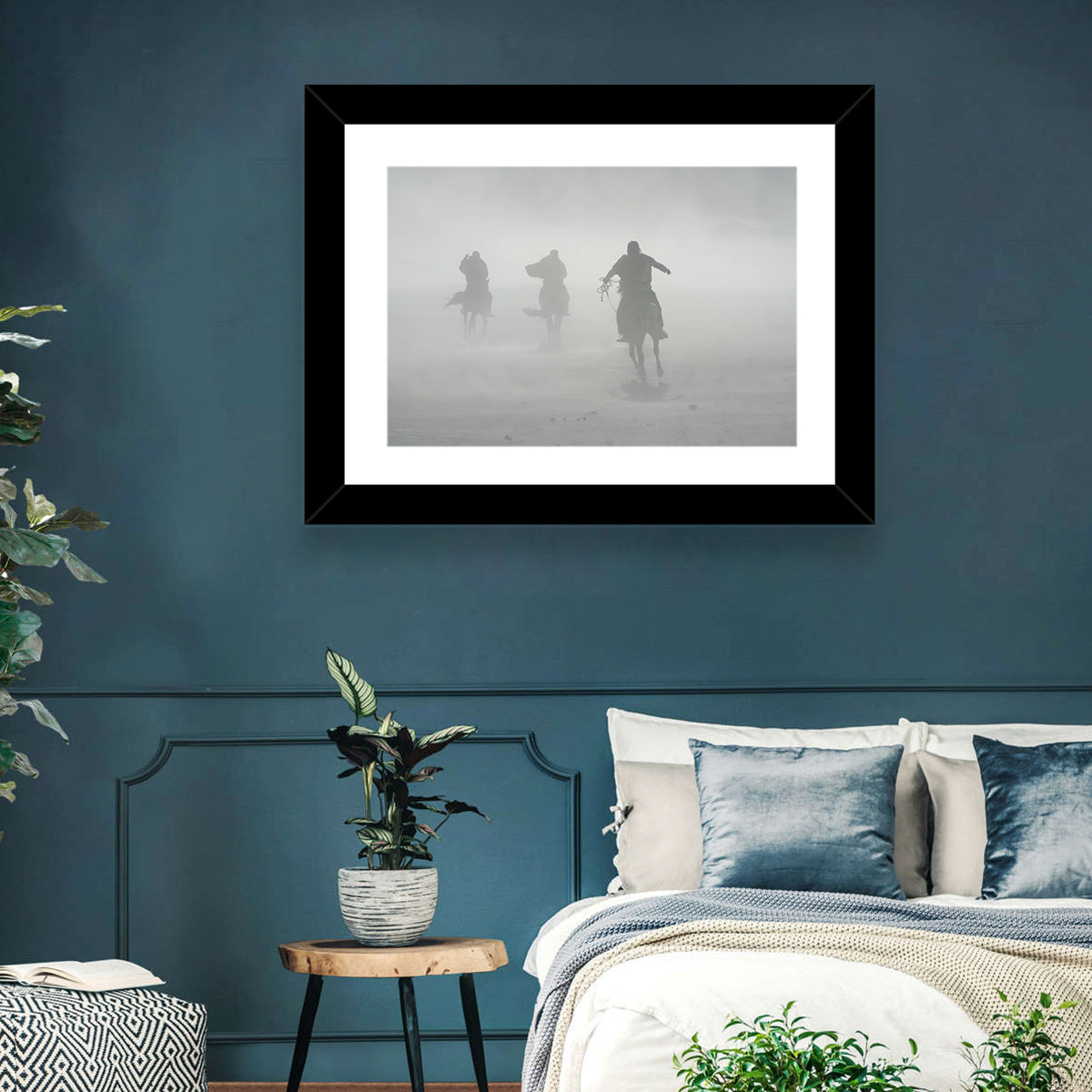 Silhouetted Horse Riders in Mist Wall Art in a room, landscape