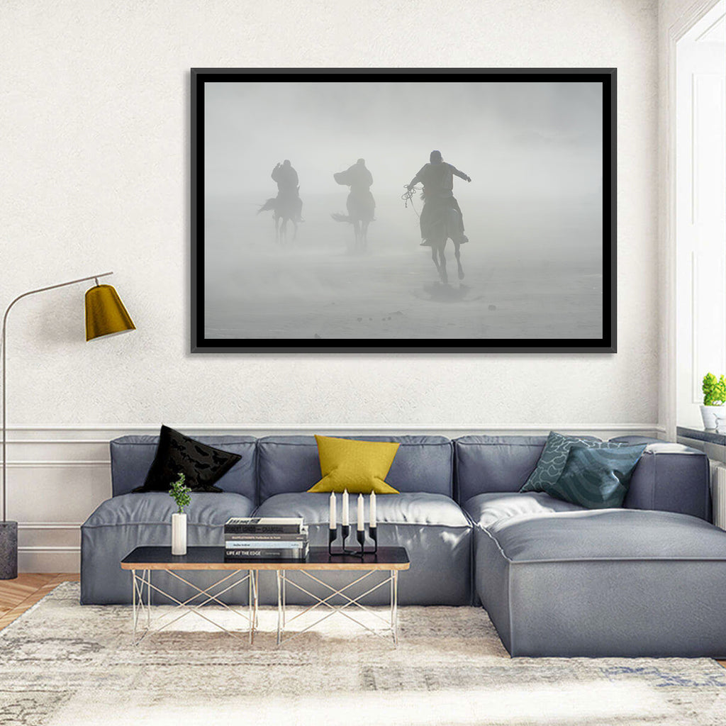 Silhouetted Horse Riders in Mist Wall Art