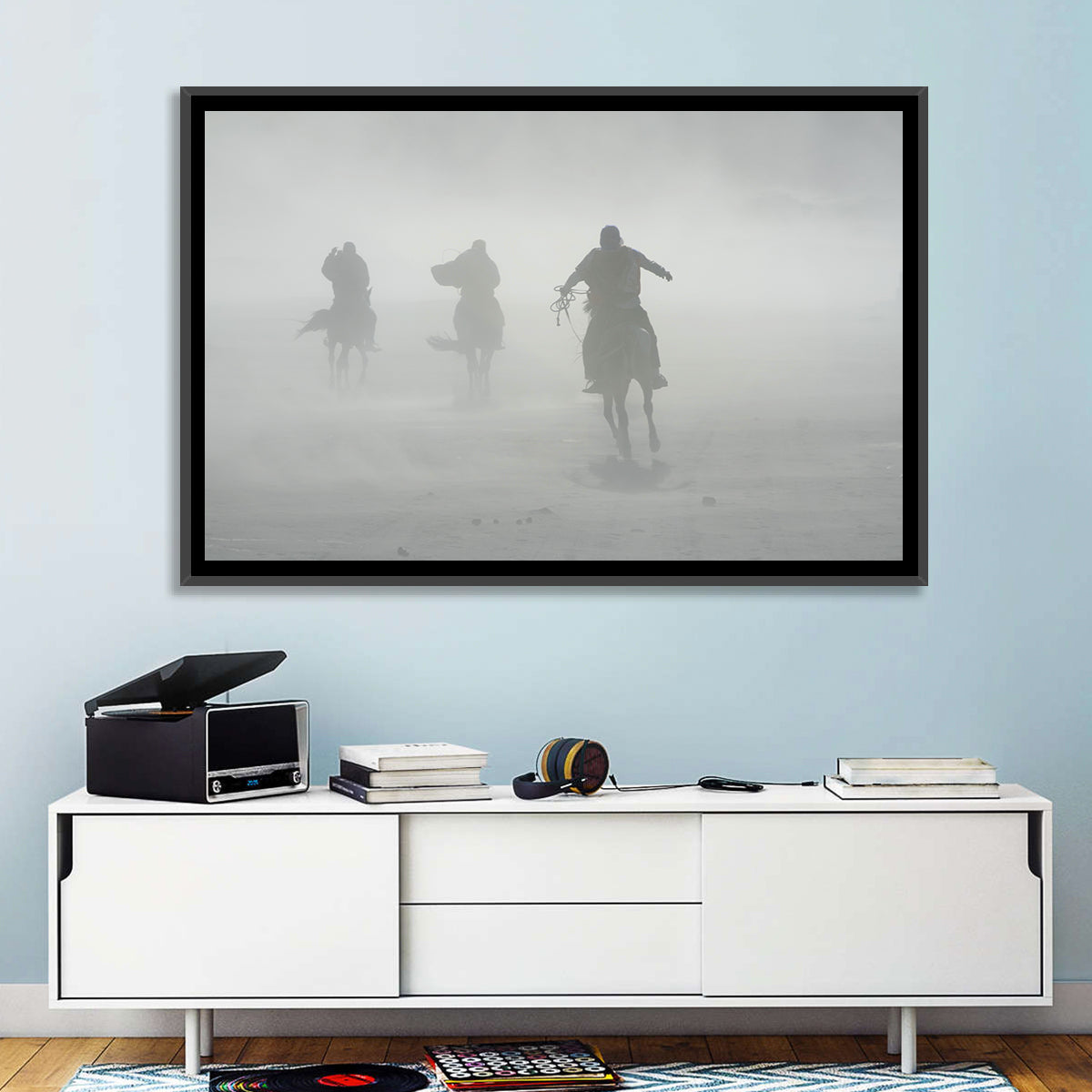 Silhouetted Horse Riders in Mist Wall Art in a room, landscape