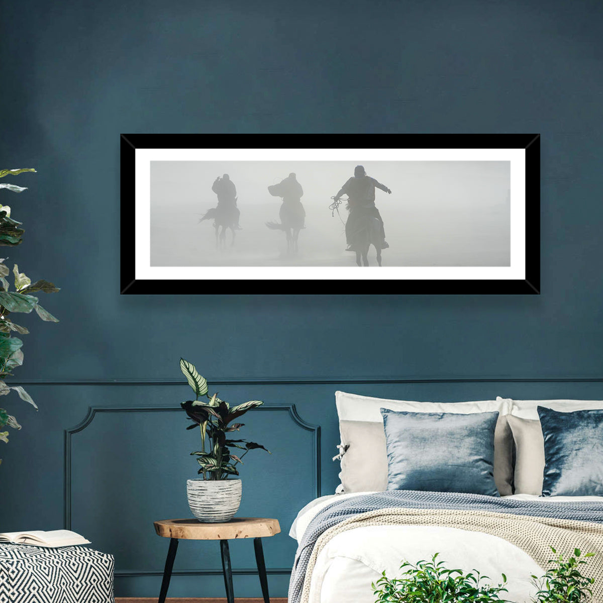 Silhouetted Horse Riders in Mist Wall Art in a room, landscape