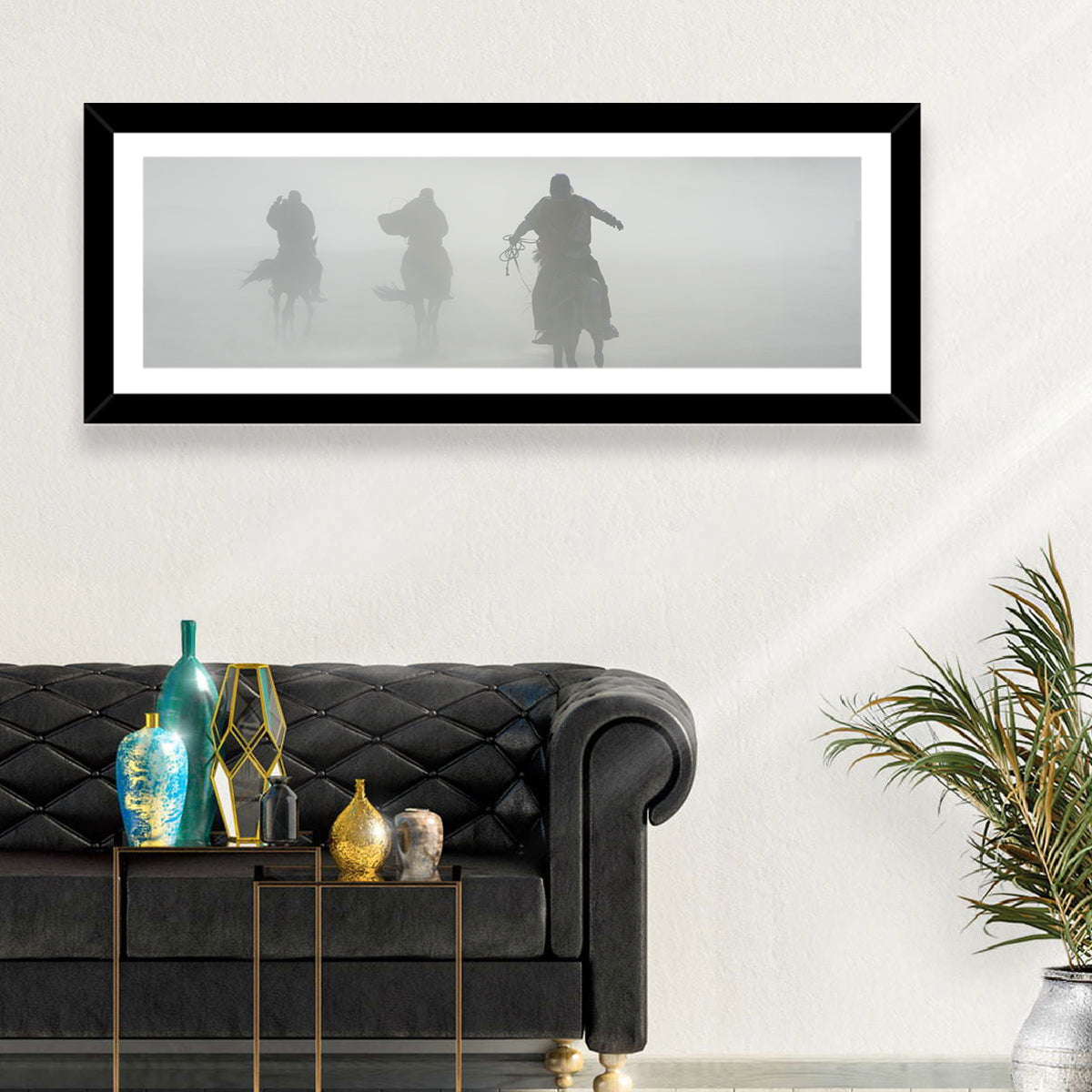 Silhouetted Horse Riders in Mist Wall Art in a room, landscape