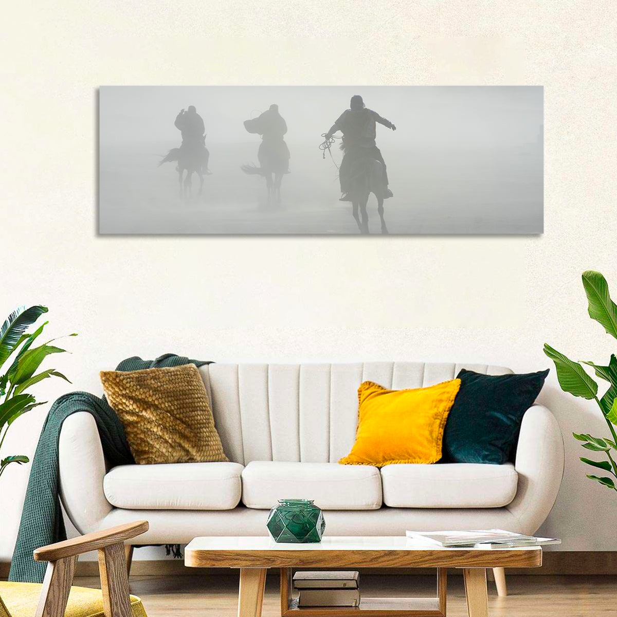 Silhouetted Horse Riders in Mist Wall Art in a room, landscape