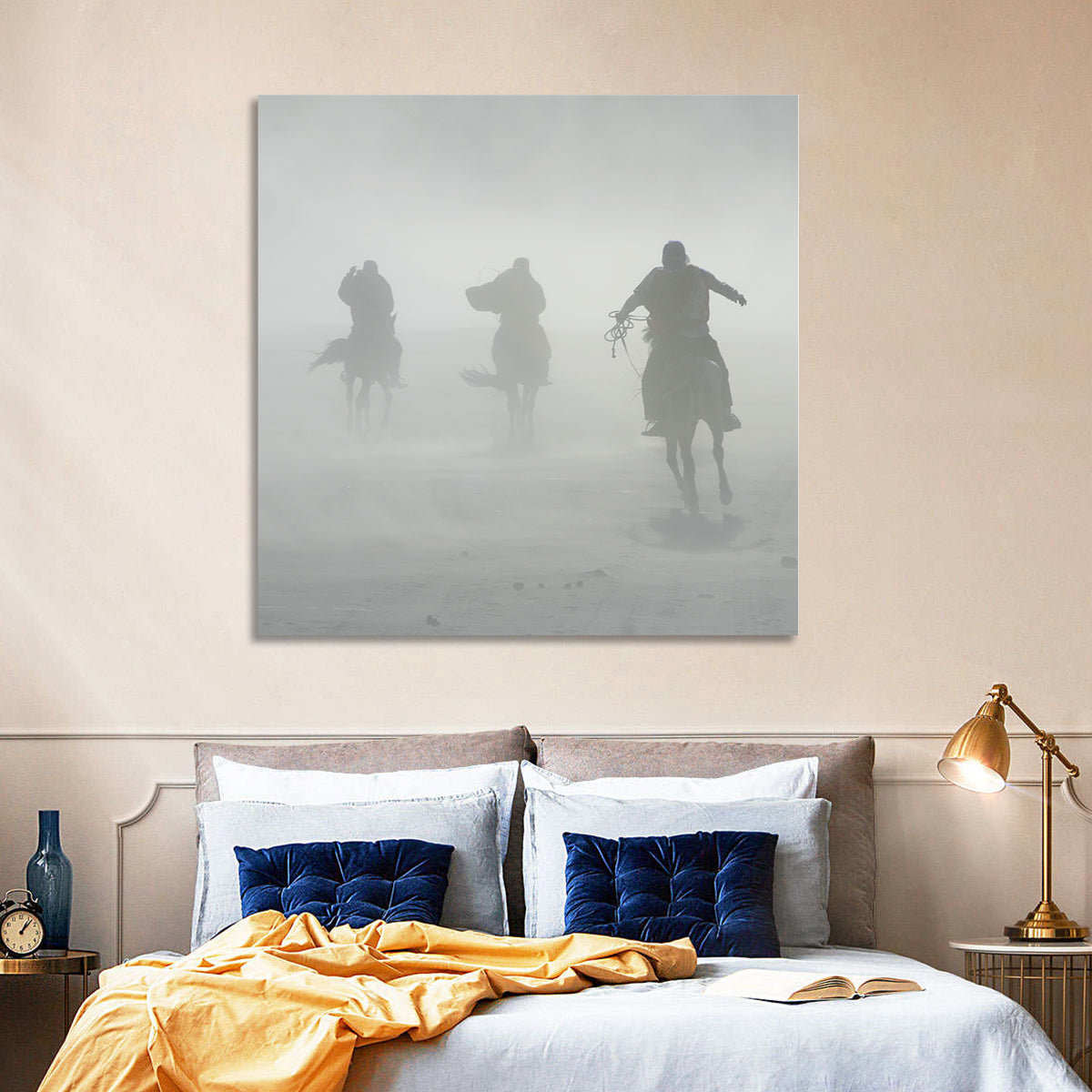 Silhouetted Horse Riders in Mist Wall Art in a room, landscape