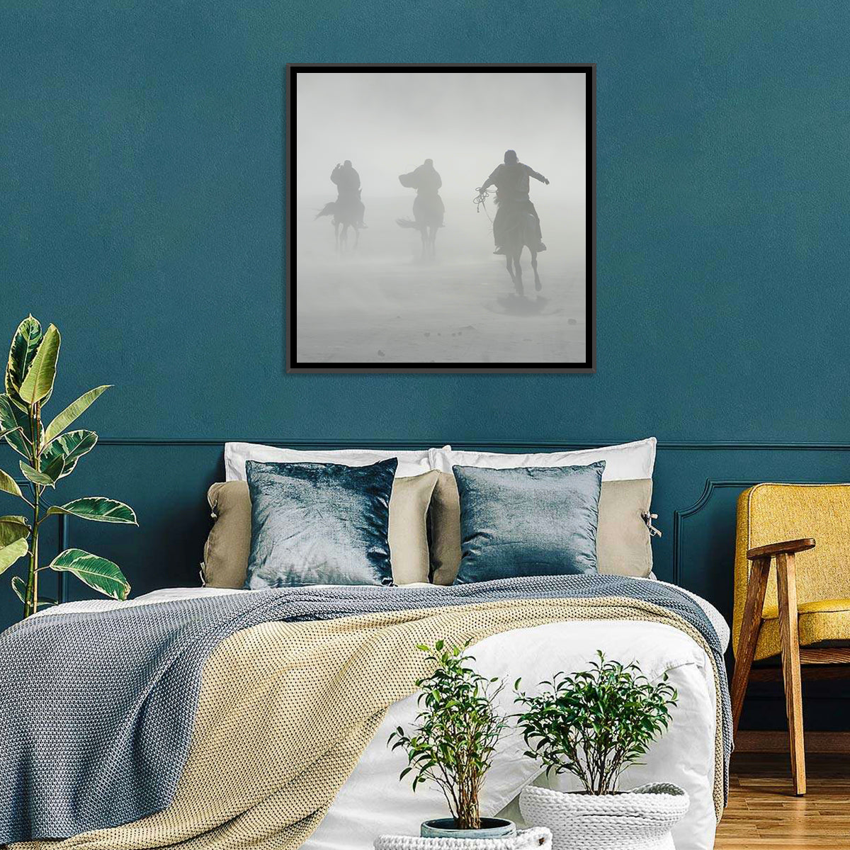 Silhouetted Horse Riders in Mist Wall Art in a room, landscape
