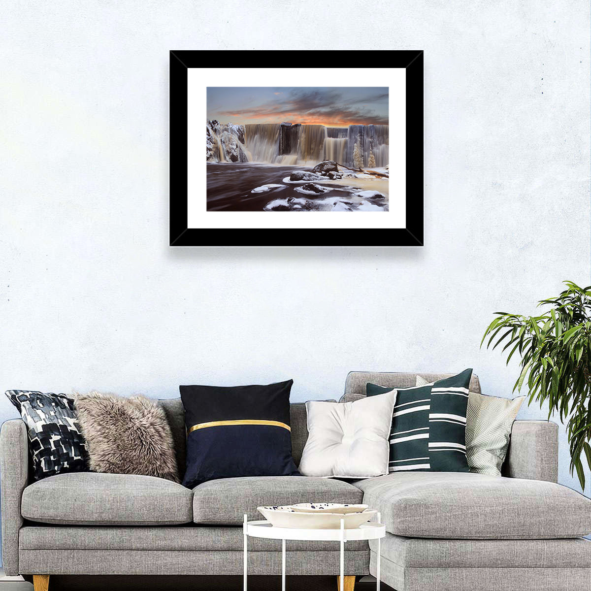 Frozen Waterfall at Sunset Wall Art in a room, landscape