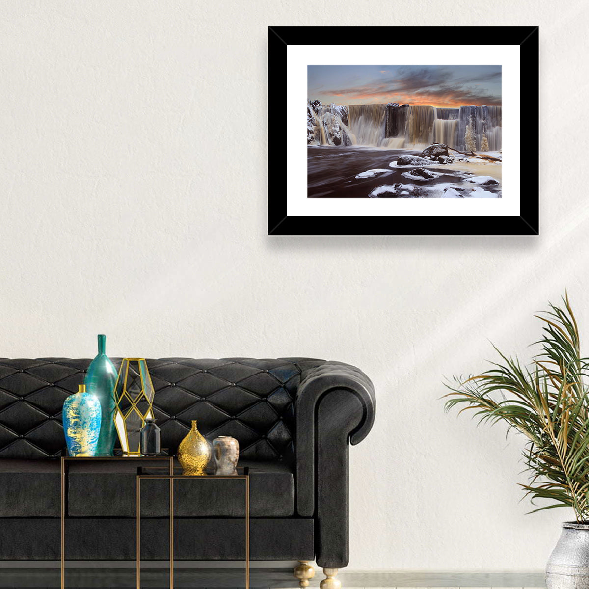 Frozen Waterfall at Sunset Wall Art in a room, landscape