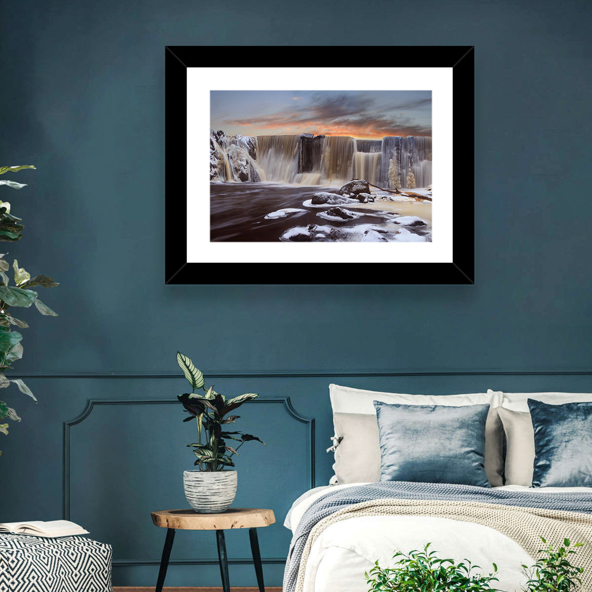 Frozen Waterfall at Sunset Wall Art in a room, landscape
