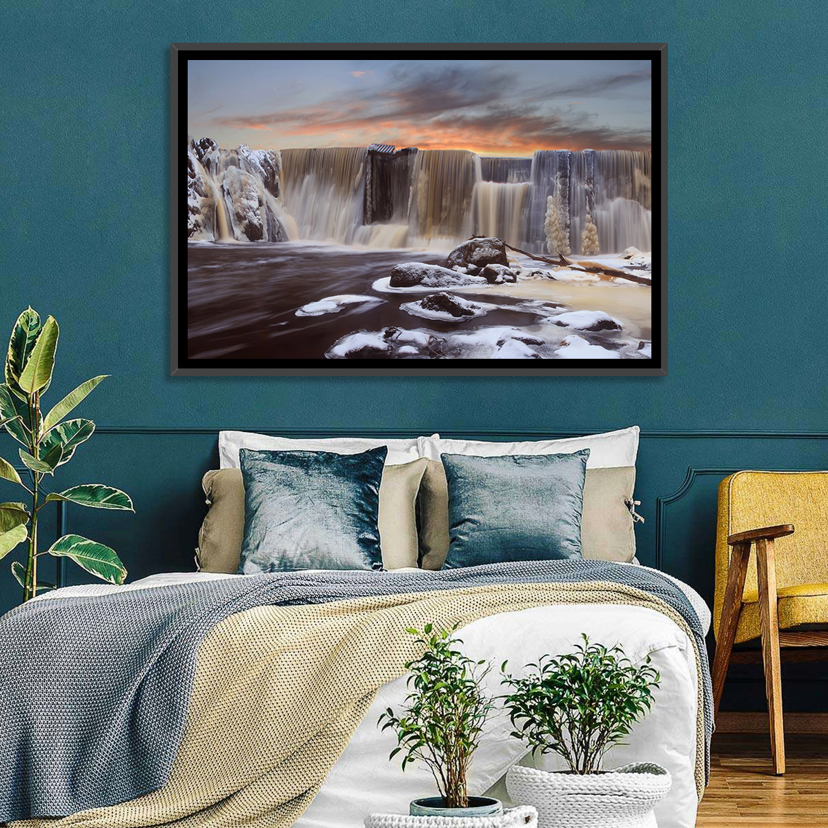 Frozen Waterfall at Sunset Wall Art in a room, landscape