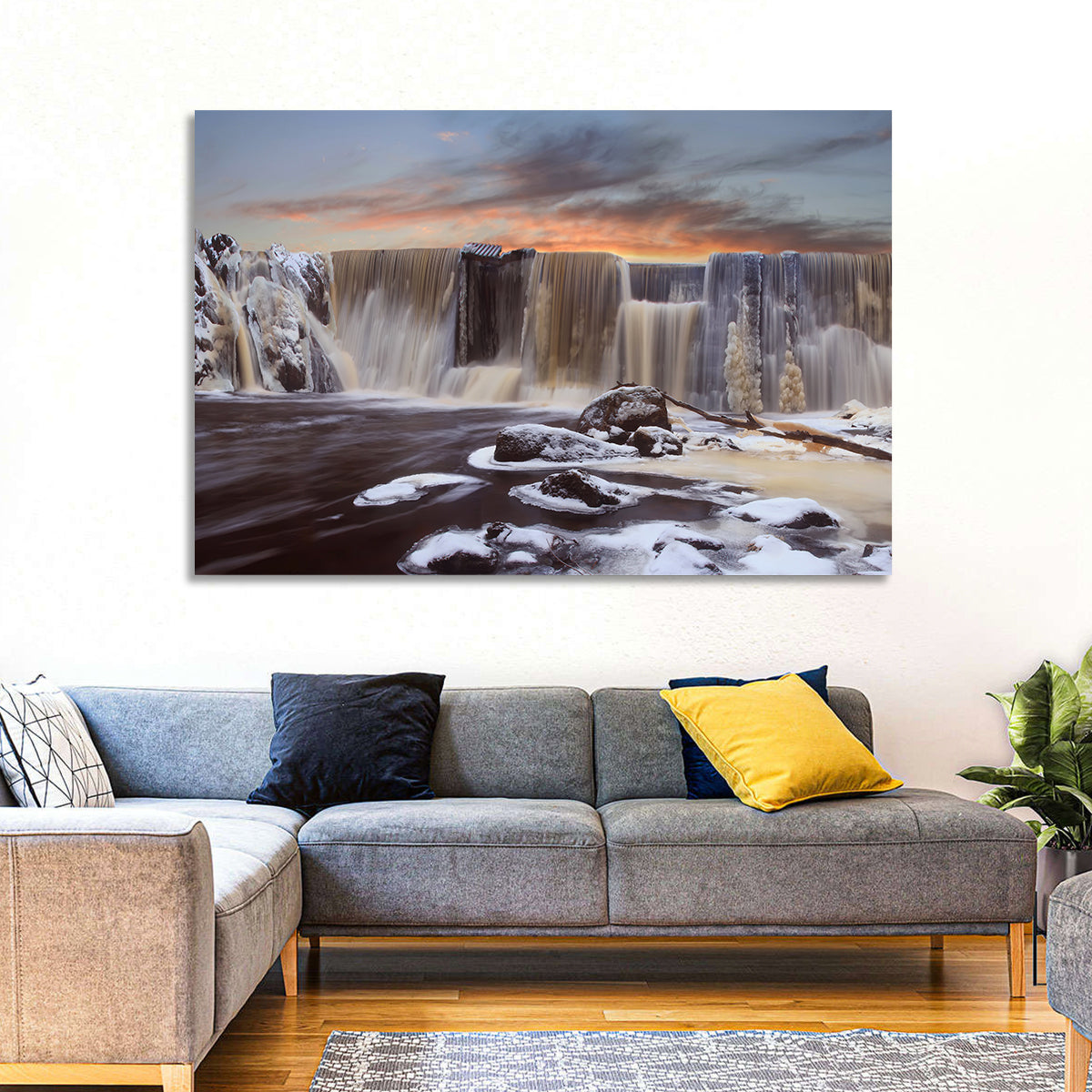 Frozen Waterfall at Sunset Wall Art in a room, landscape