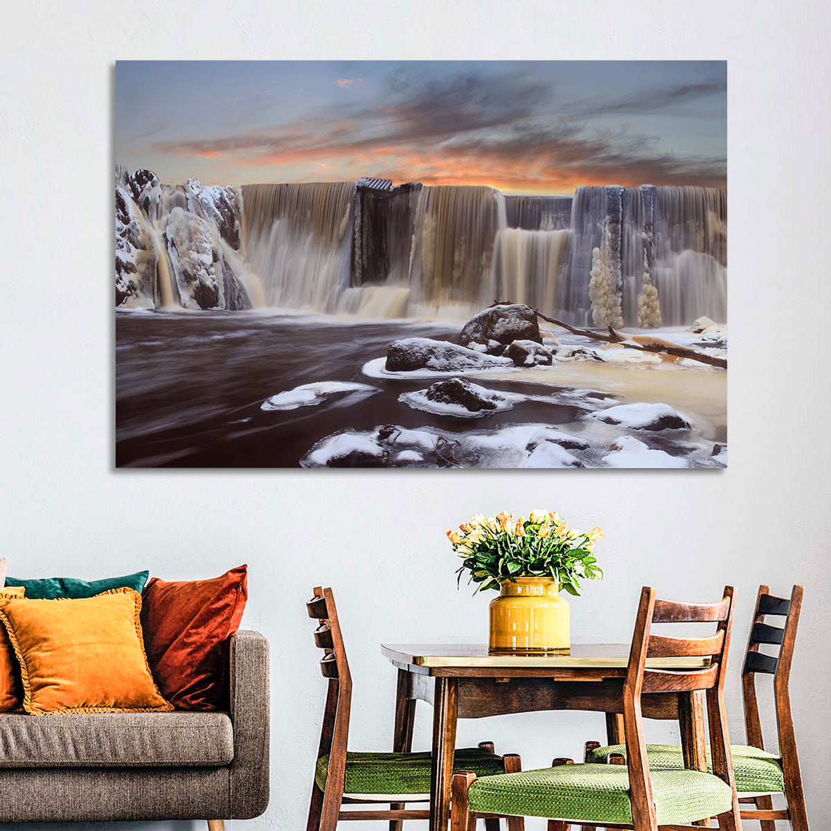 Frozen Waterfall at Sunset Wall Art in a room, landscape