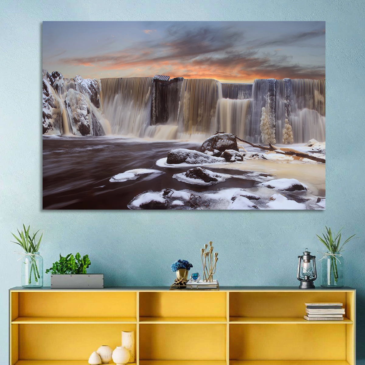 Frozen Waterfall at Sunset Wall Art in a room, landscape