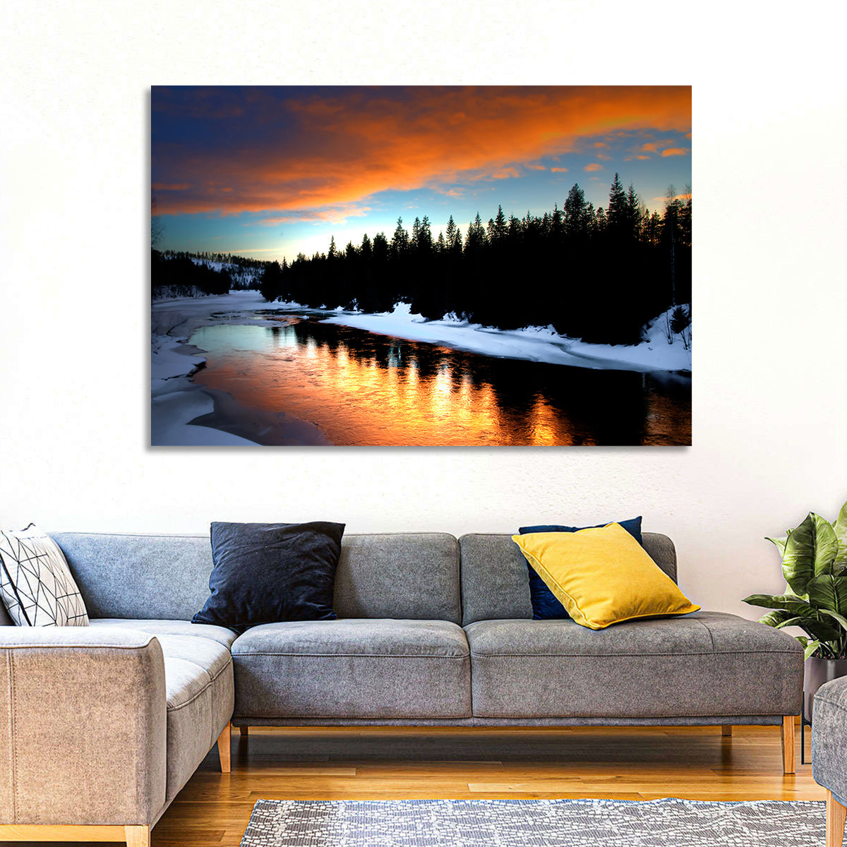 Golden Sunset Over Snowy River Wall Art in a room, landscape