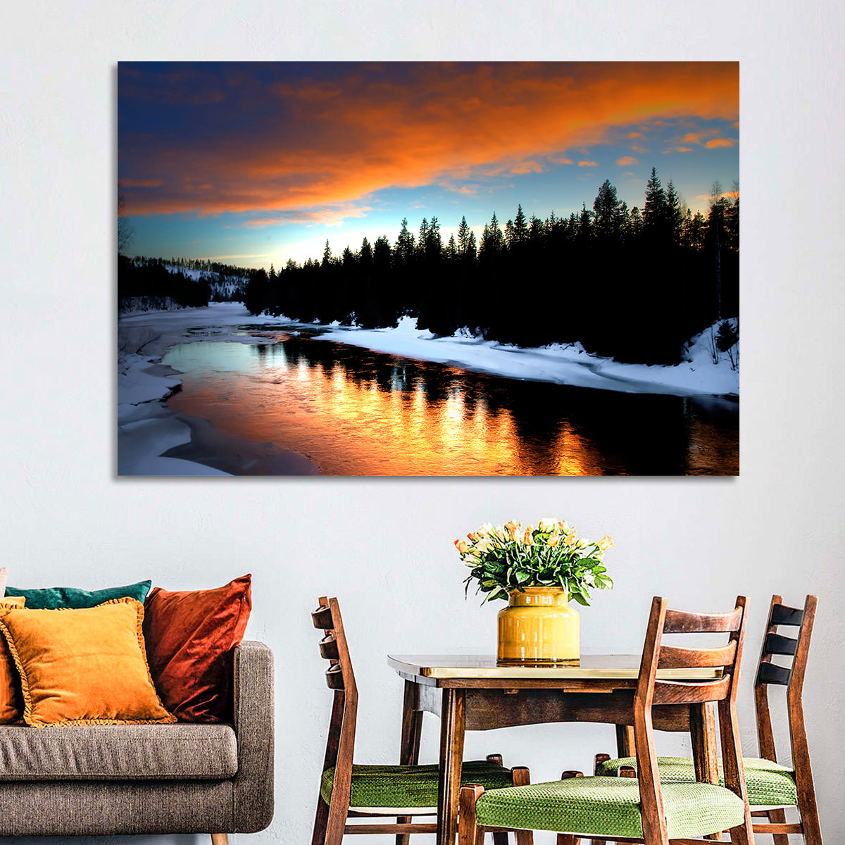 Golden Sunset Over Snowy River Wall Art in a room, landscape