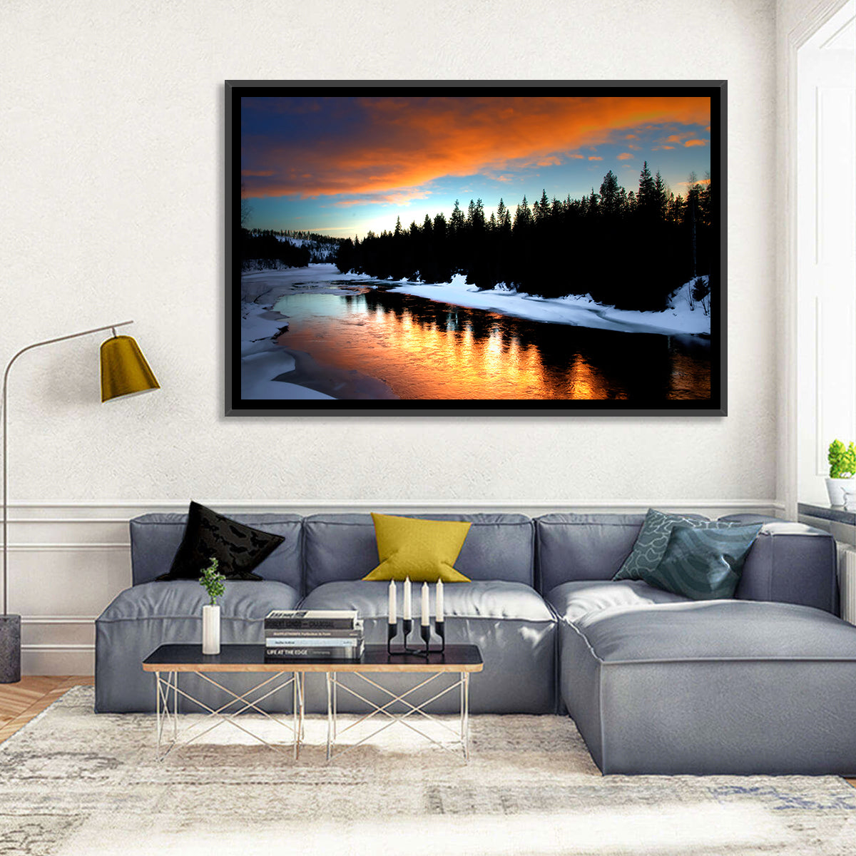 Golden Sunset Over Snowy River Wall Art in a room, landscape