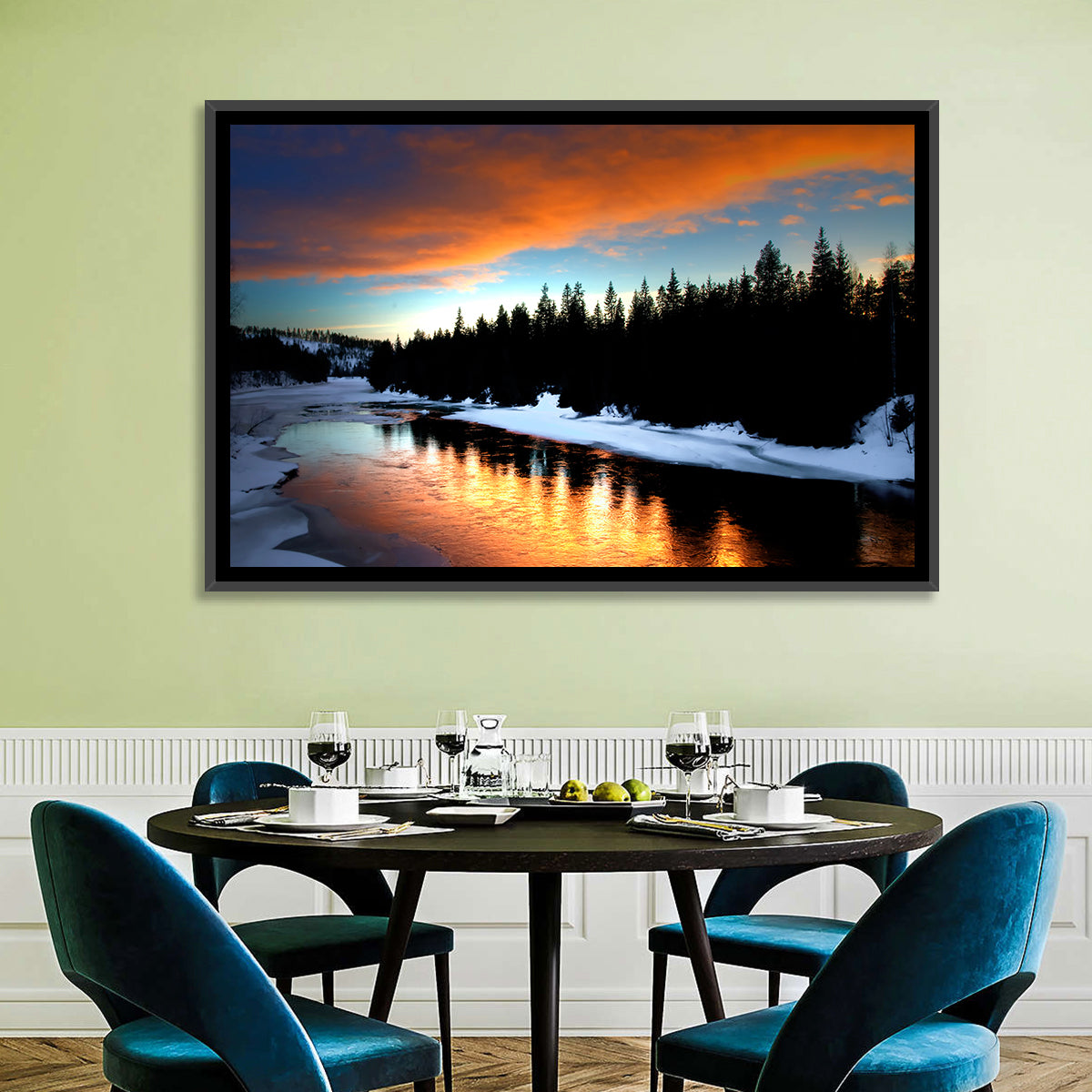 Golden Sunset Over Snowy River Wall Art in a room, landscape