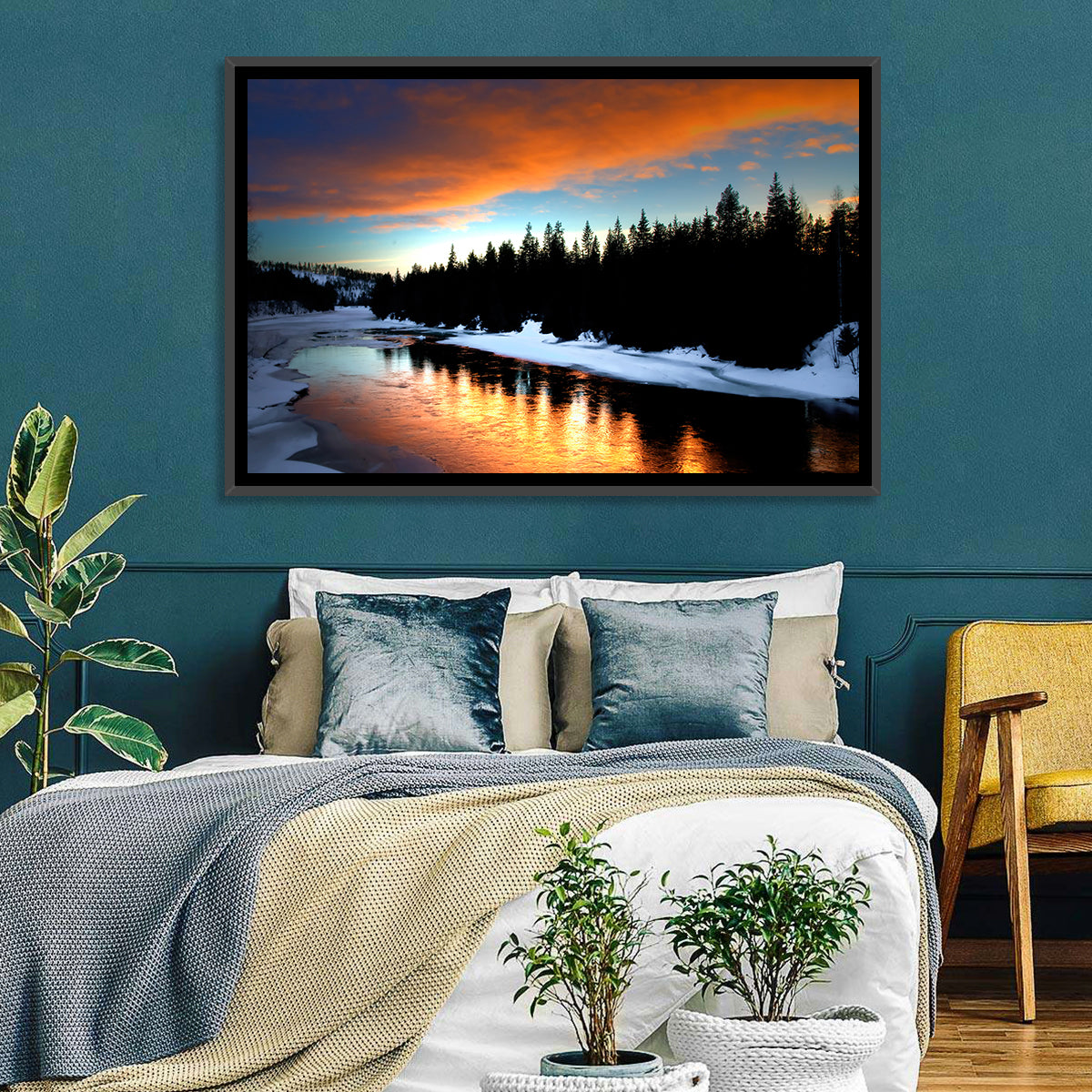 Golden Sunset Over Snowy River Wall Art in a room, landscape