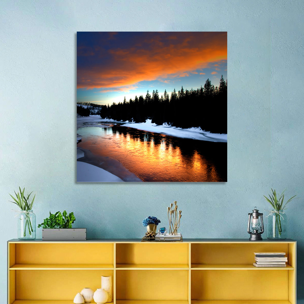 Golden Sunset Over Snowy River Wall Art in a room, landscape