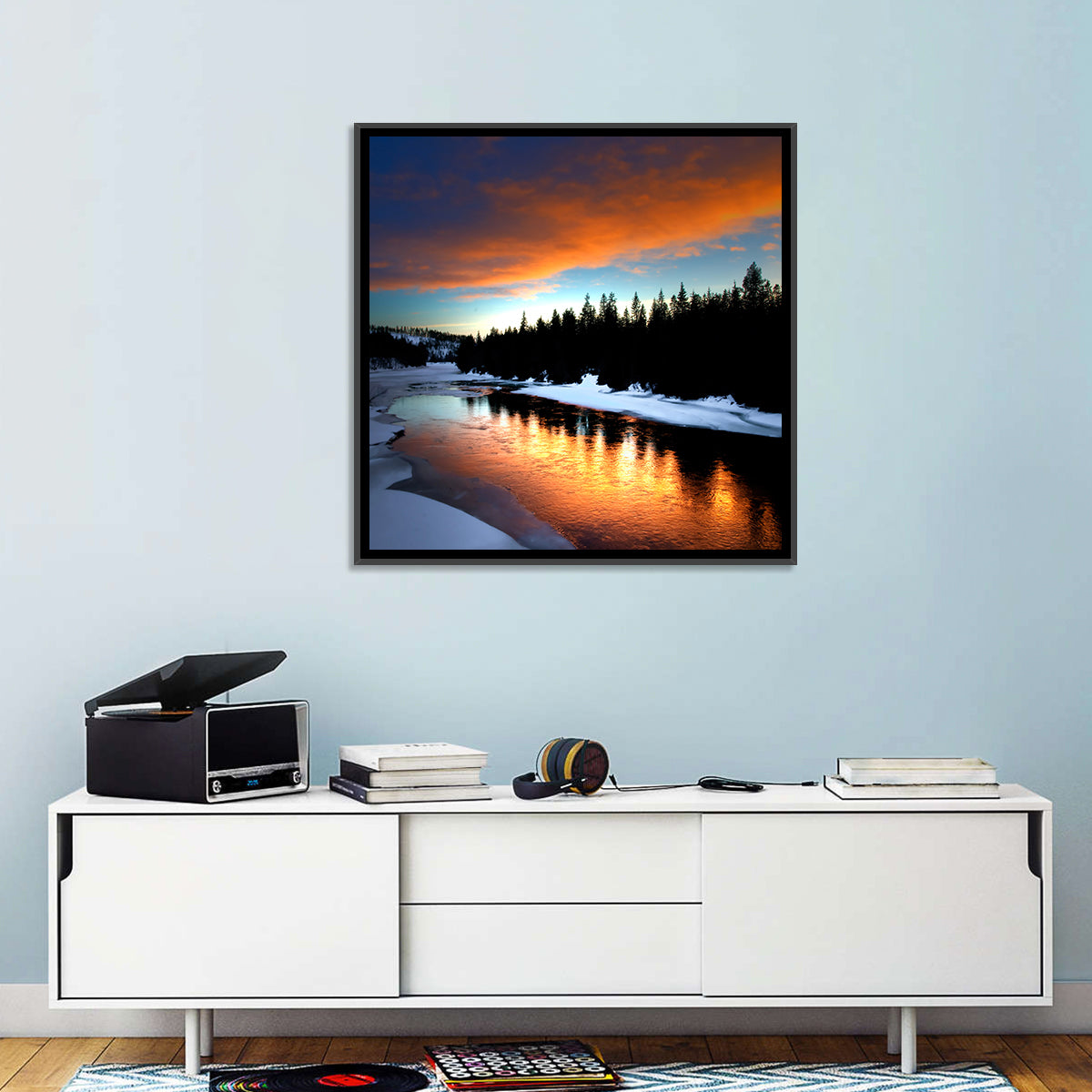 Golden Sunset Over Snowy River Wall Art in a room, landscape