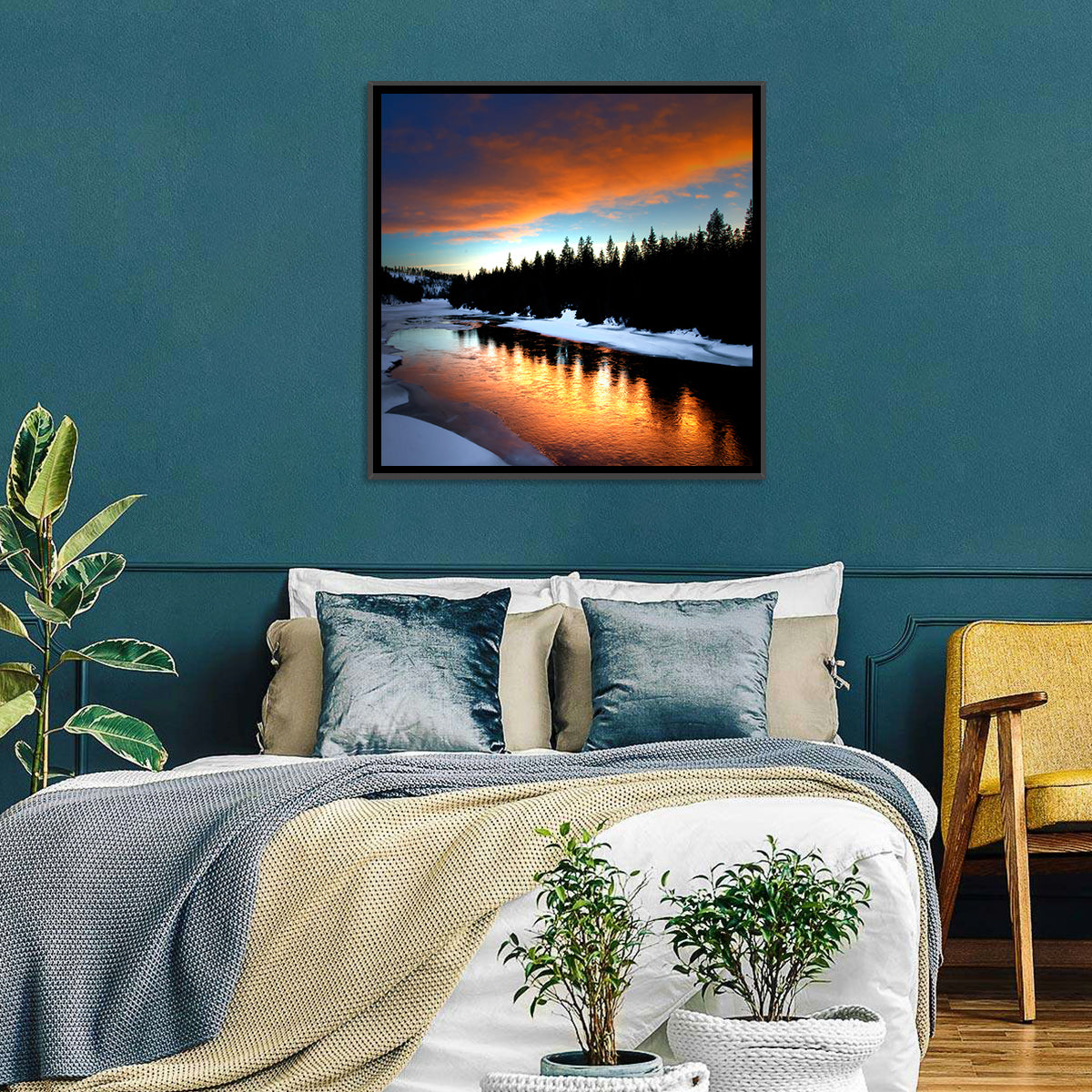 Golden Sunset Over Snowy River Wall Art in a room, landscape