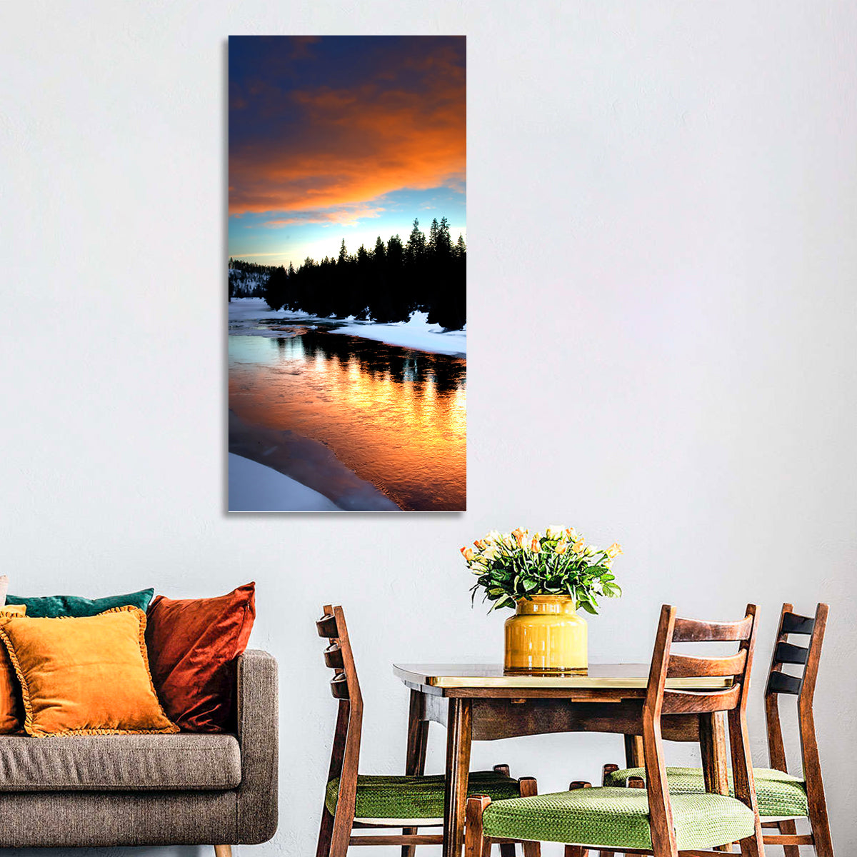 Golden Sunset Over Snowy River Wall Art in a room, landscape