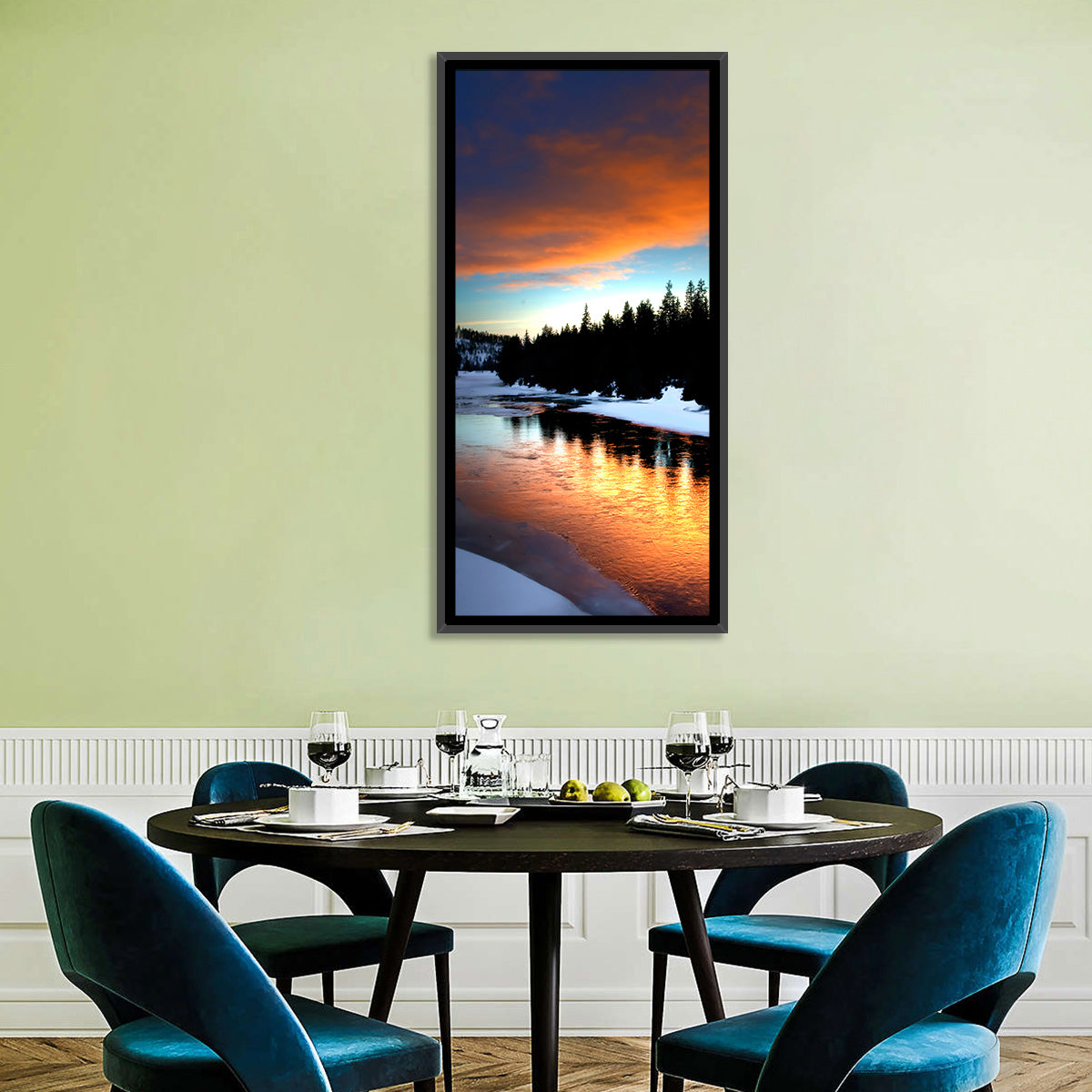 Golden Sunset Over Snowy River Wall Art in a room, landscape