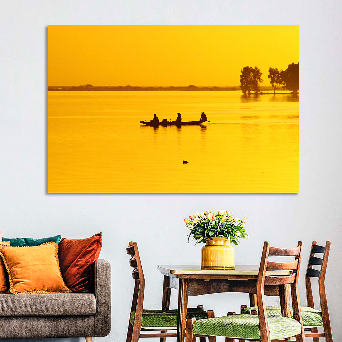 Pirogue at Golden Dusk Wall Art in a room, landscape