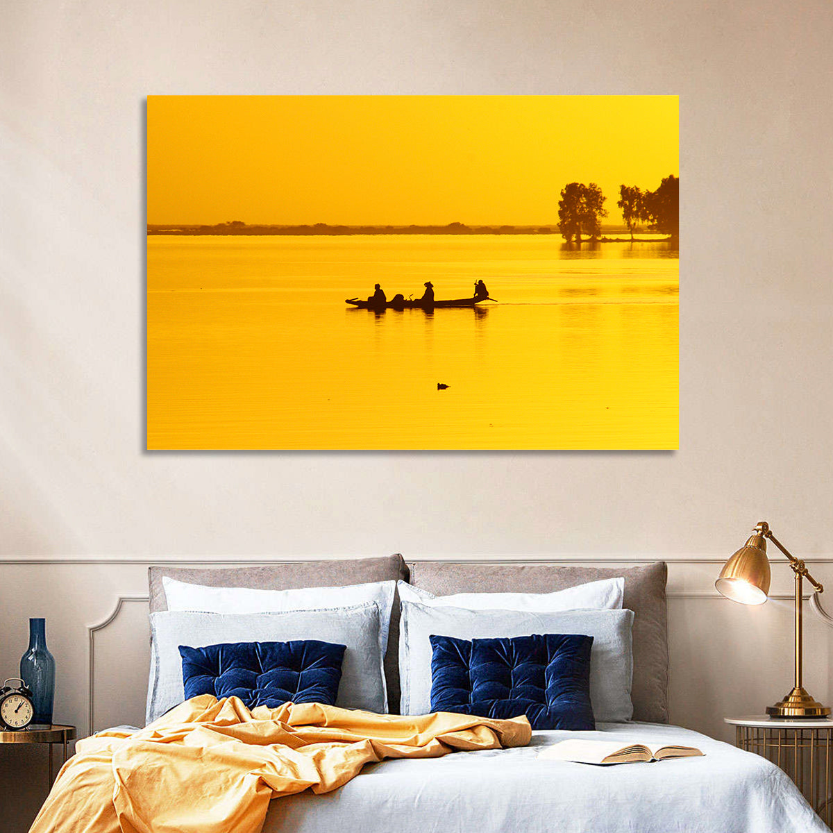 Pirogue at Golden Dusk Wall Art in a room, landscape