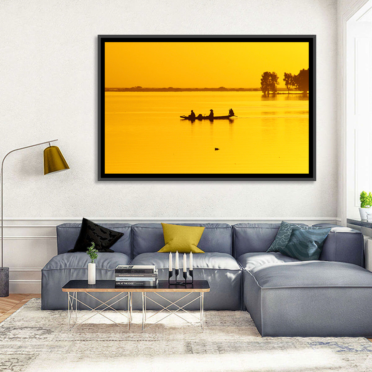 Pirogue at Golden Dusk Wall Art in a room, landscape