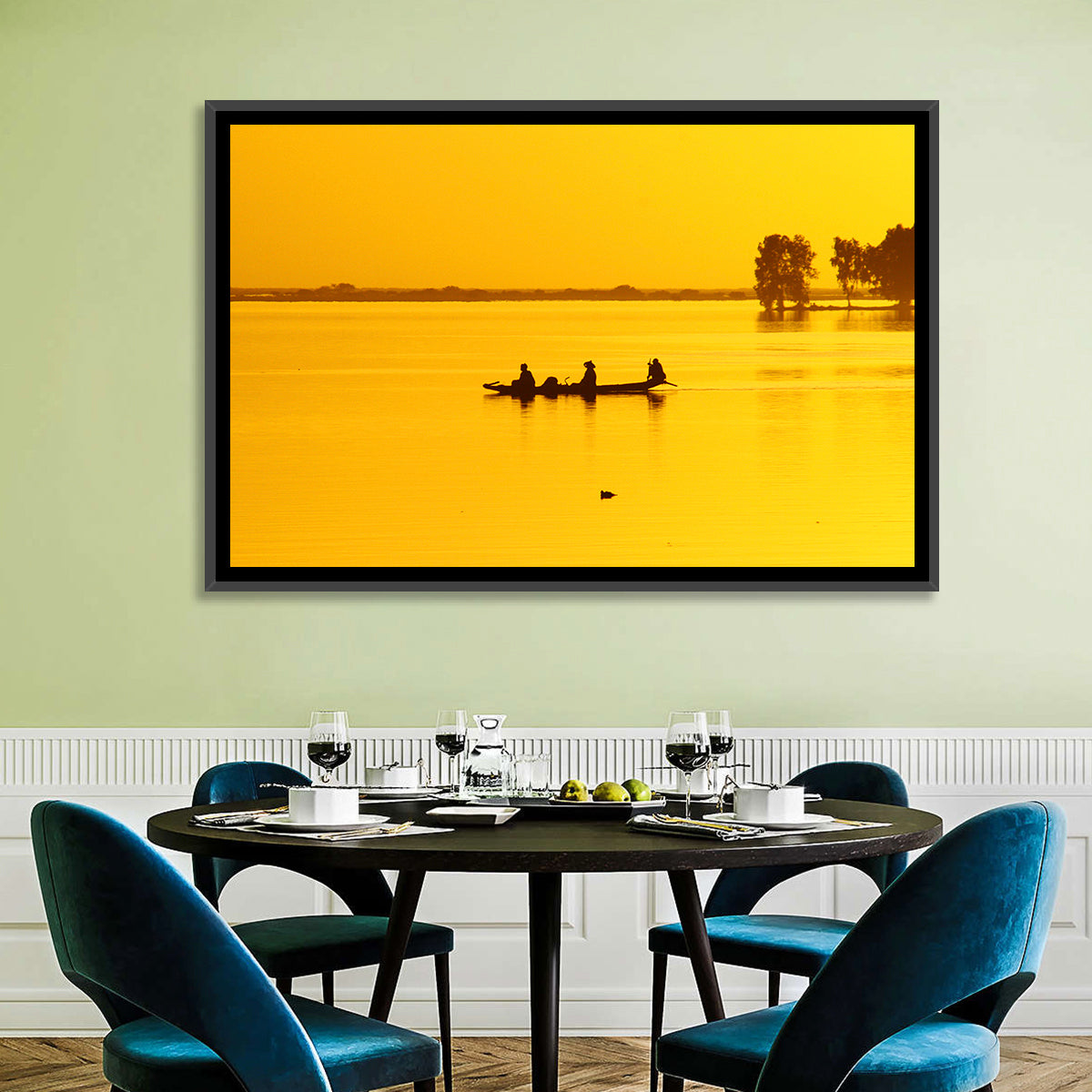 Pirogue at Golden Dusk Wall Art in a room, landscape