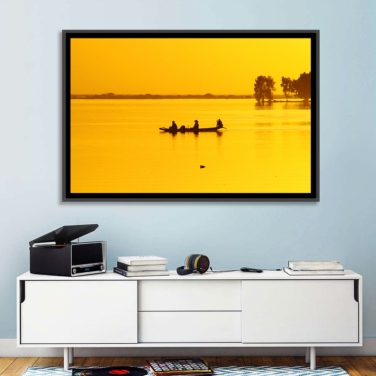 Pirogue at Golden Dusk Wall Art in a room, landscape