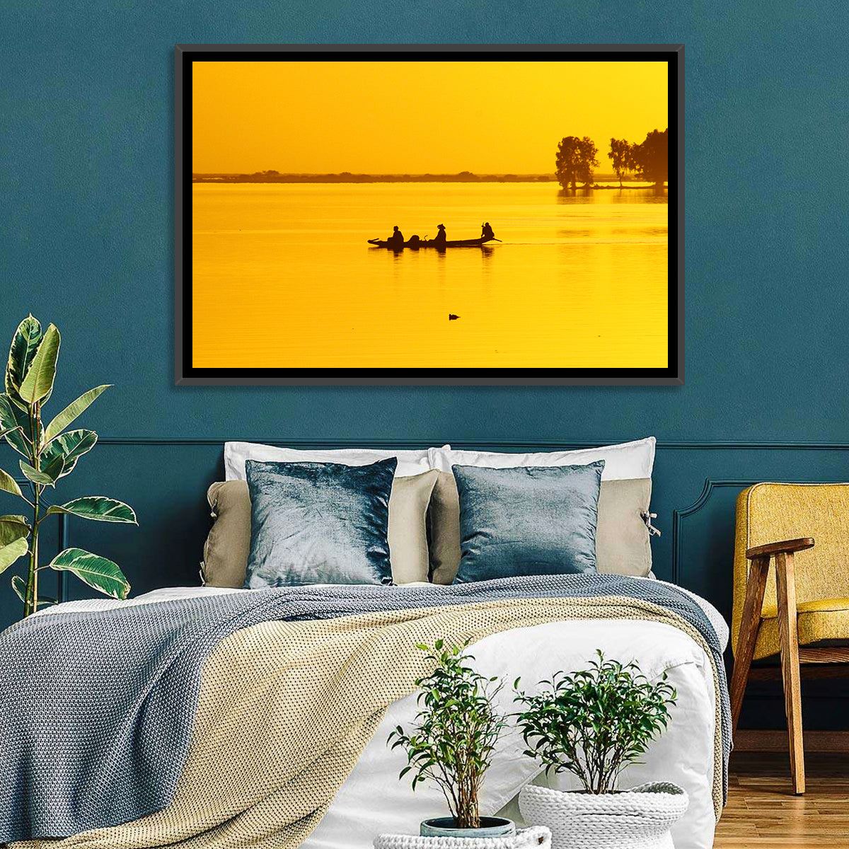 Pirogue at Golden Dusk Wall Art in a room, landscape