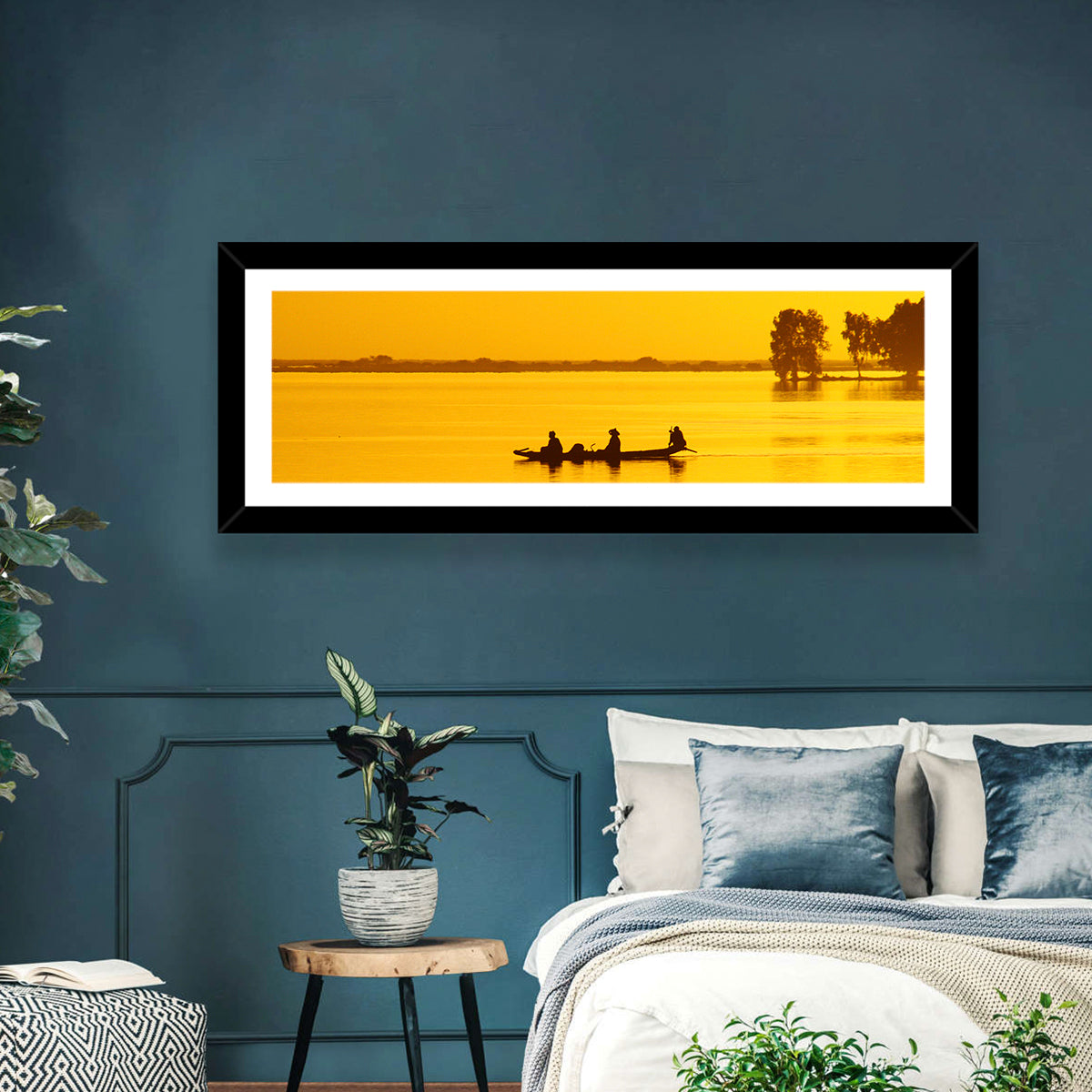 Pirogue at Golden Dusk Wall Art in a room, landscape