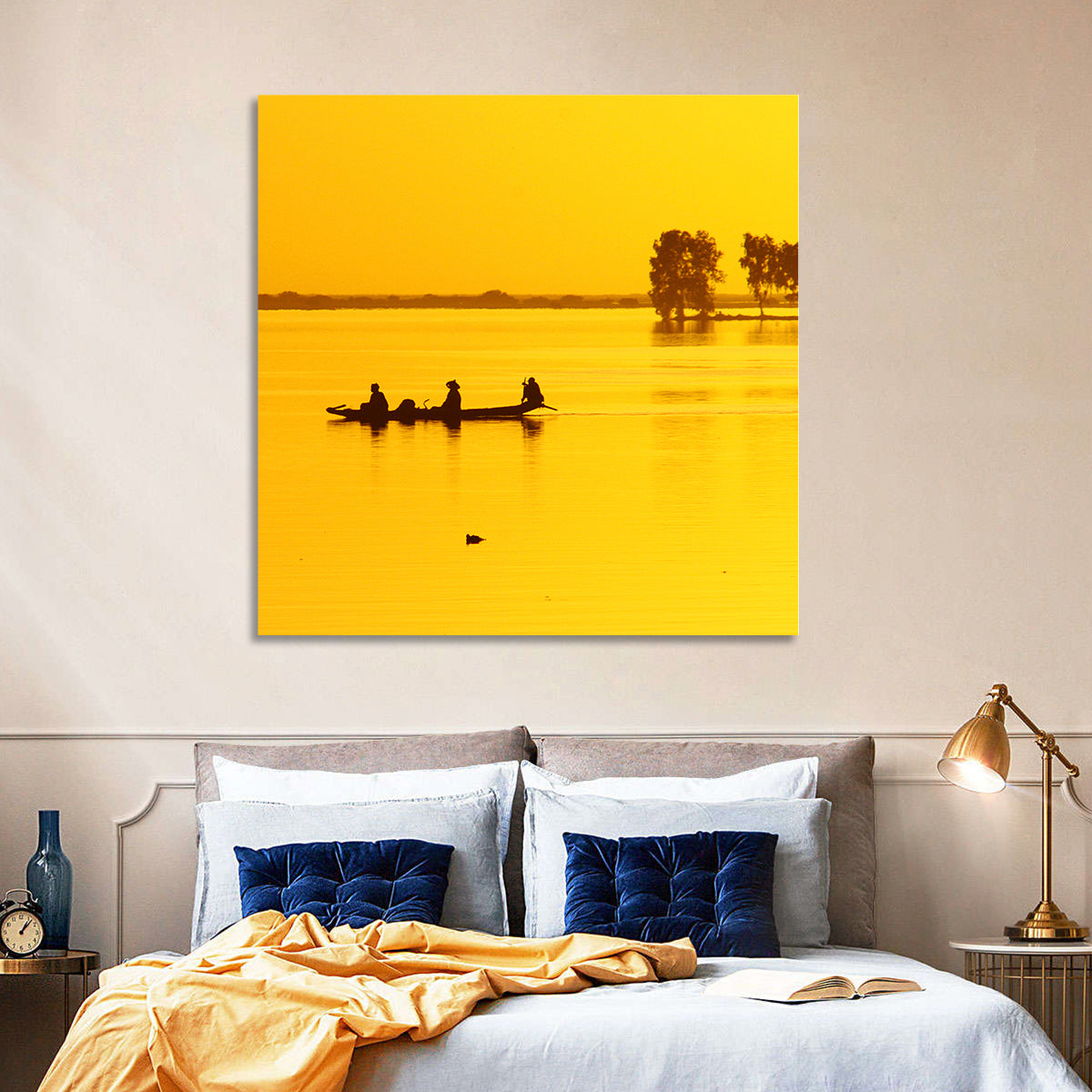 Pirogue at Golden Dusk Wall Art in a room, landscape