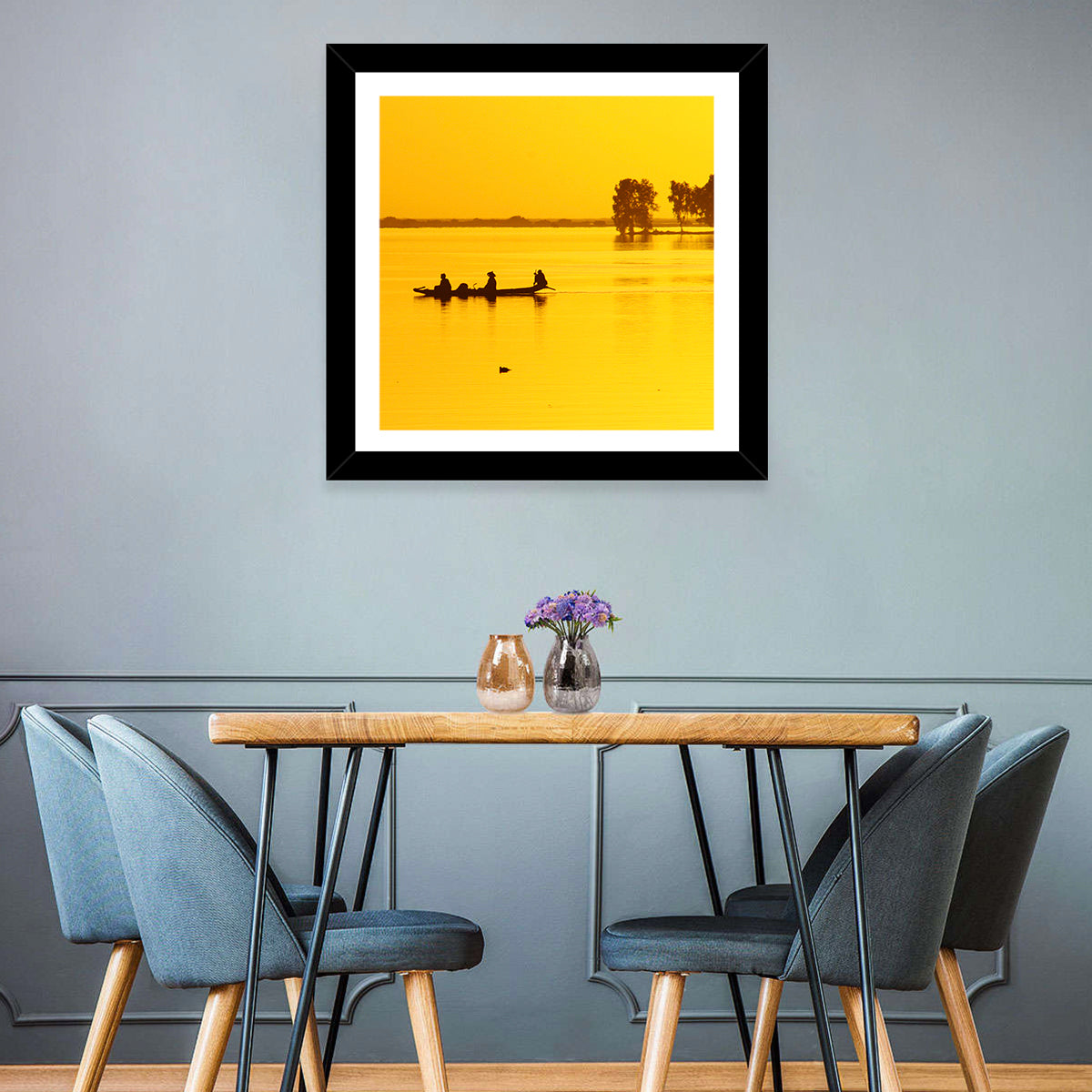 Pirogue at Golden Dusk Wall Art in a room, landscape