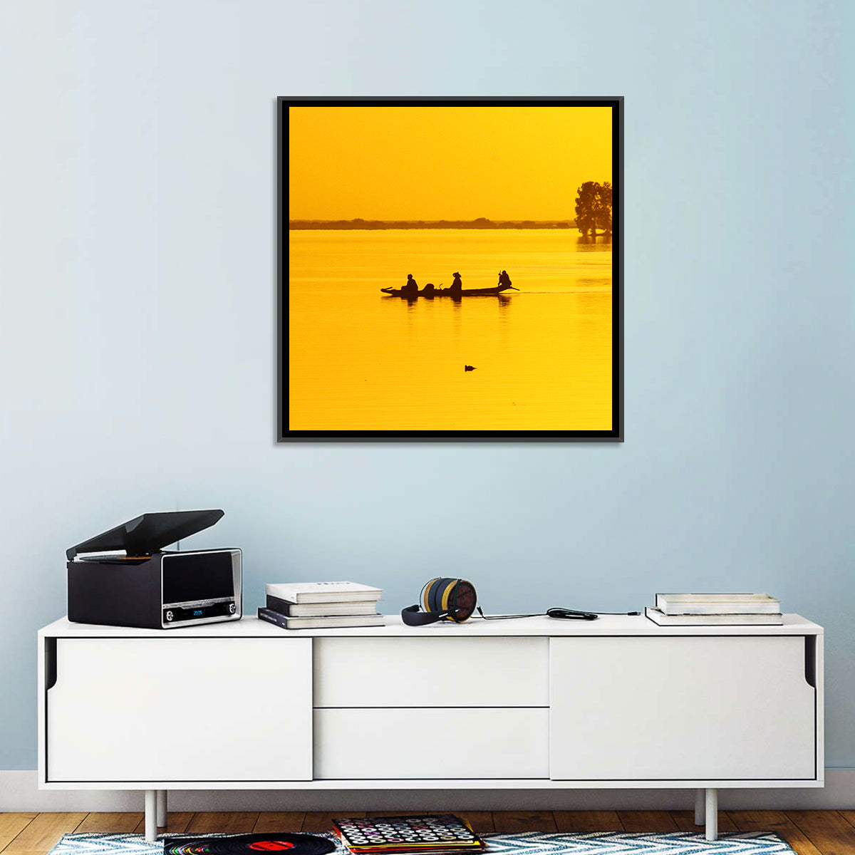Pirogue at Golden Dusk Wall Art in a room, landscape