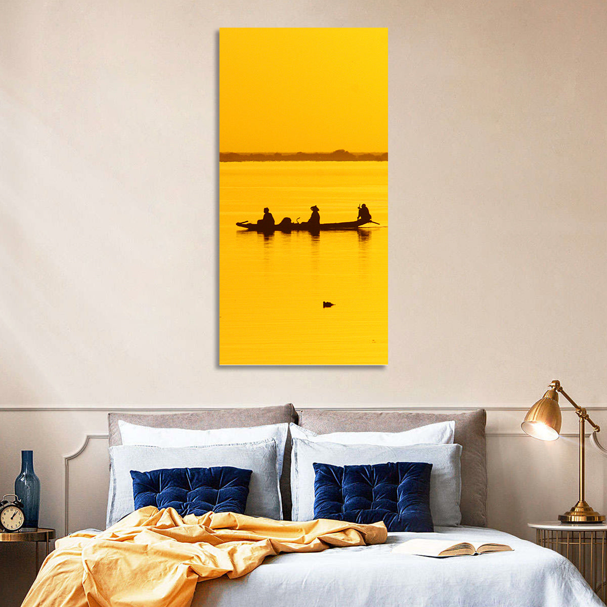 Pirogue at Golden Dusk Wall Art in a room, landscape