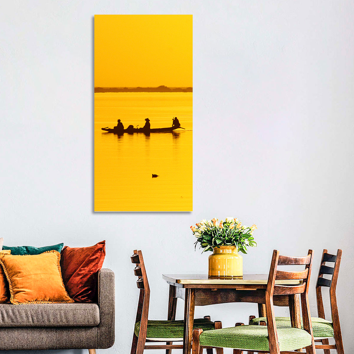 Pirogue at Golden Dusk Wall Art in a room, landscape