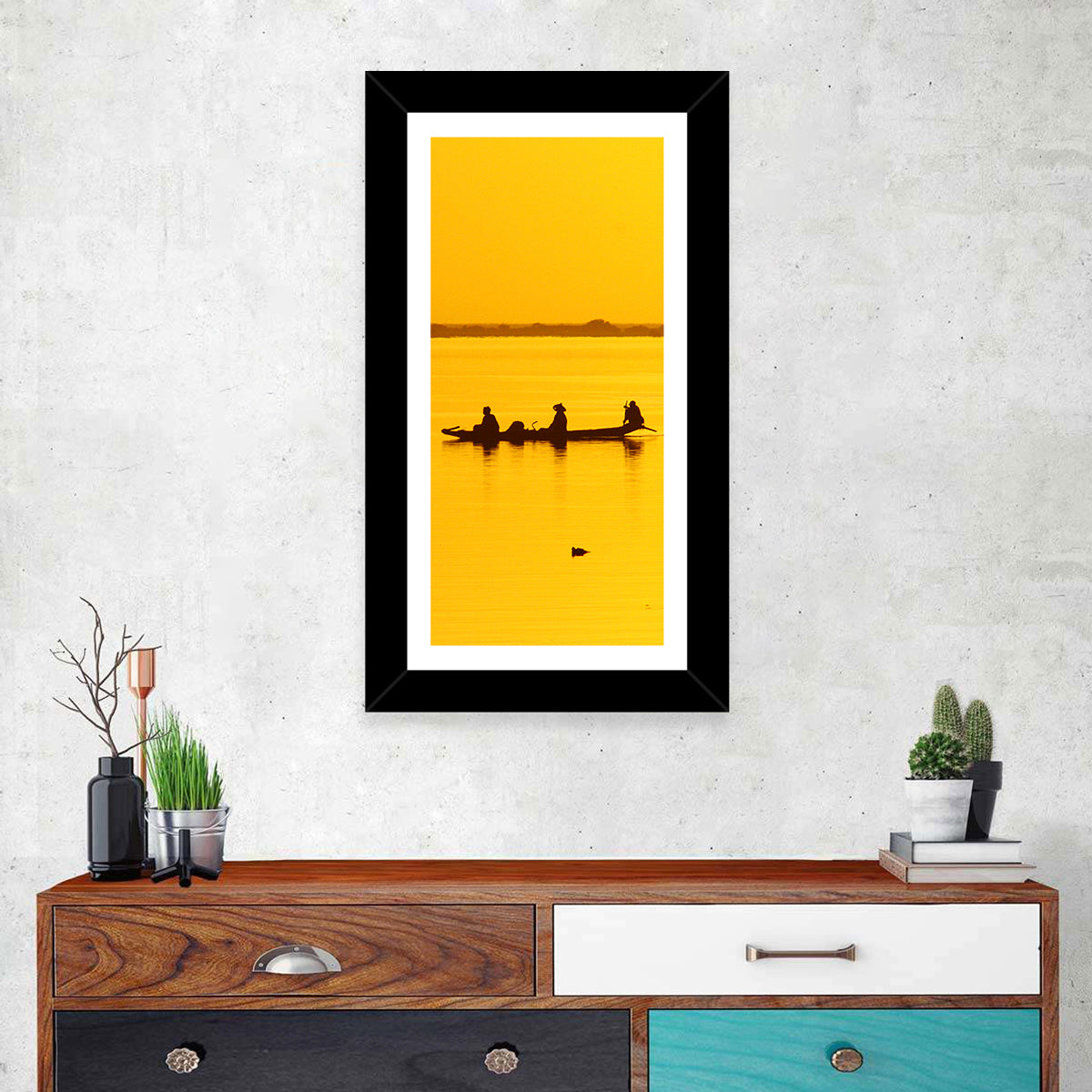 Pirogue at Golden Dusk Wall Art in a room, landscape