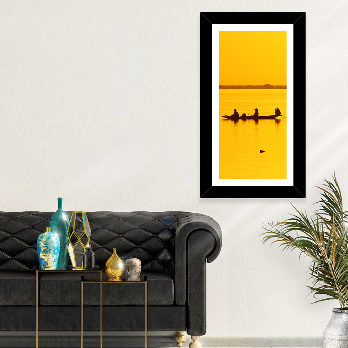 Pirogue at Golden Dusk Wall Art in a room, landscape