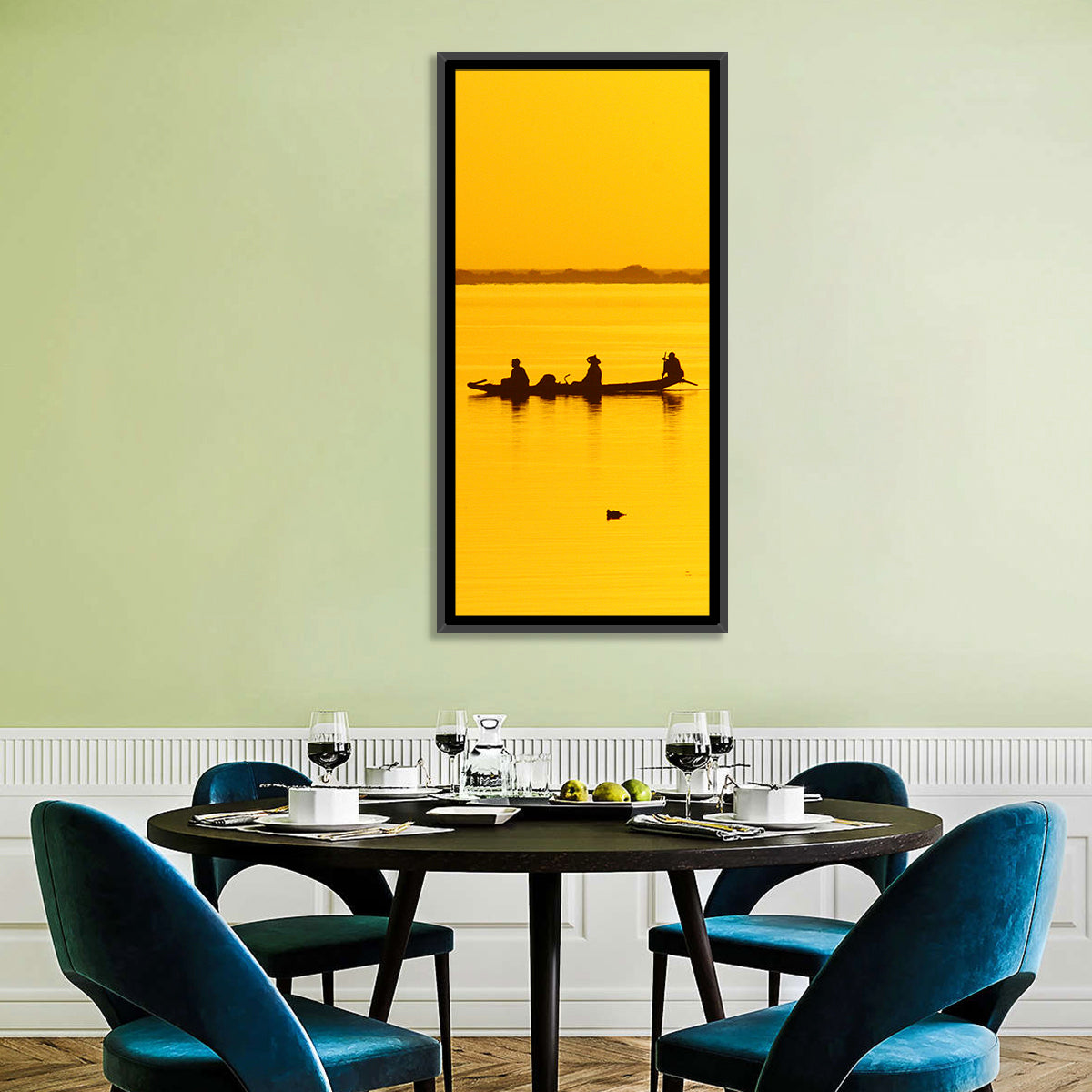 Pirogue at Golden Dusk Wall Art in a room, landscape