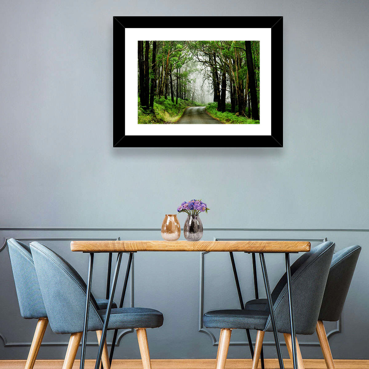 Misty Eucalyptus Road Wall Art in a room, landscape