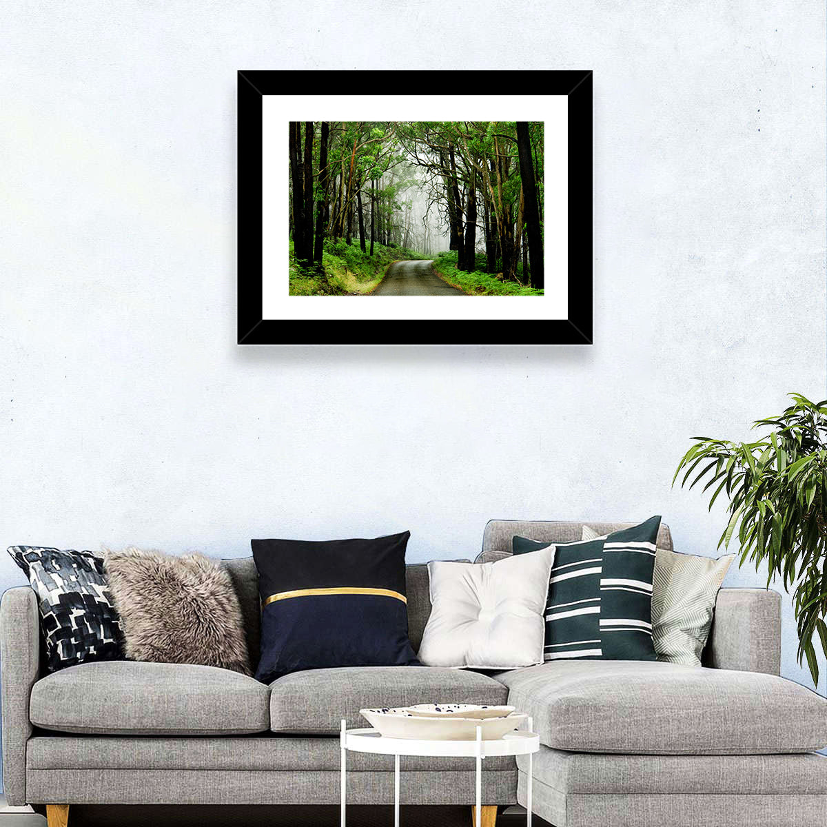 Misty Eucalyptus Road Wall Art in a room, landscape