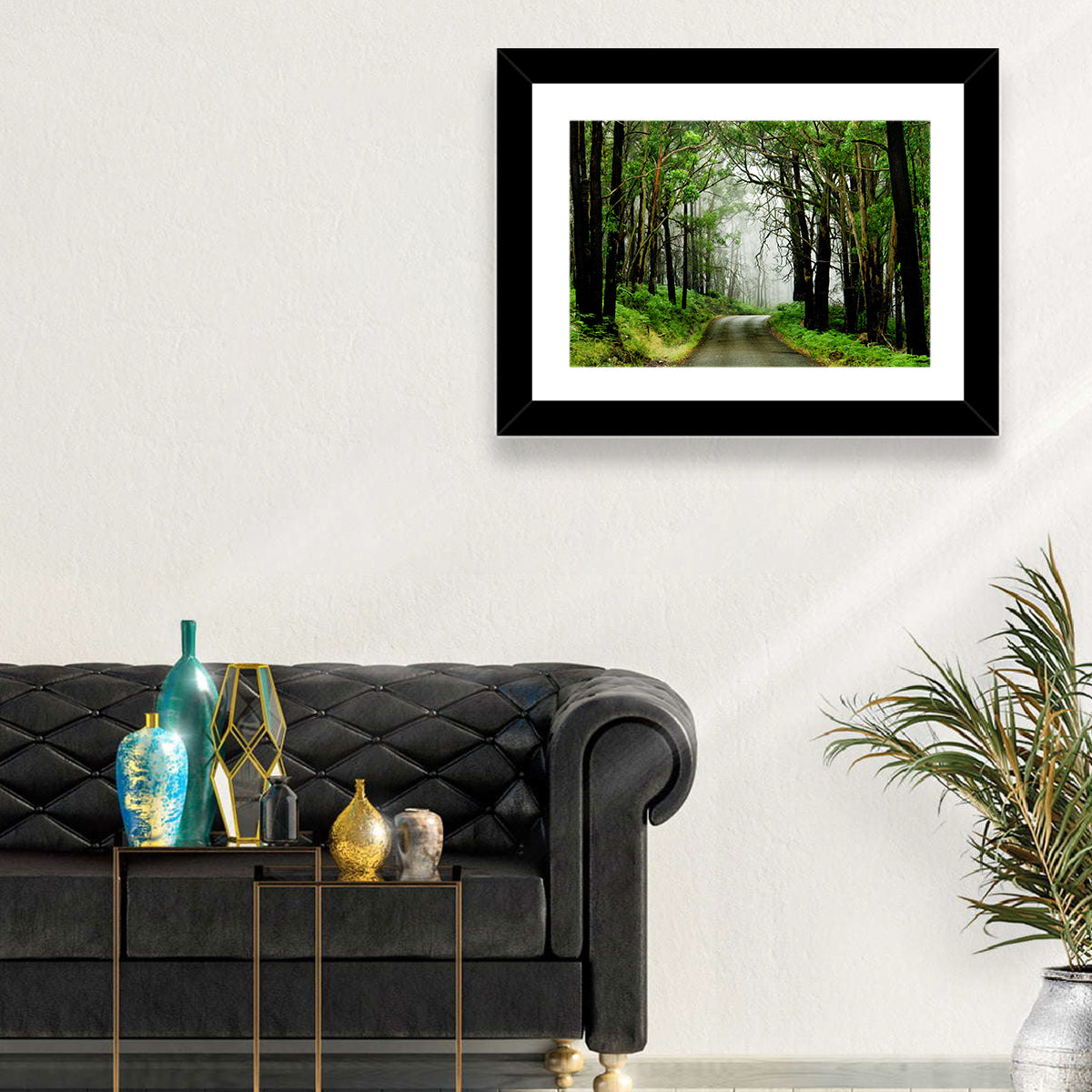 Misty Eucalyptus Road Wall Art in a room, landscape