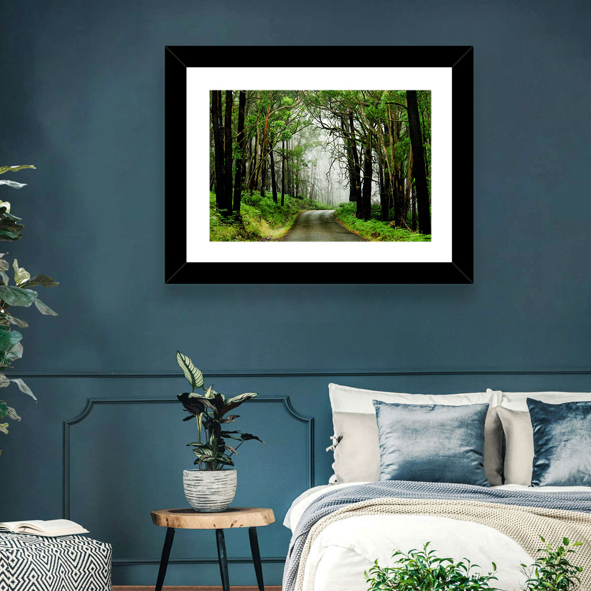 Misty Eucalyptus Road Wall Art in a room, landscape